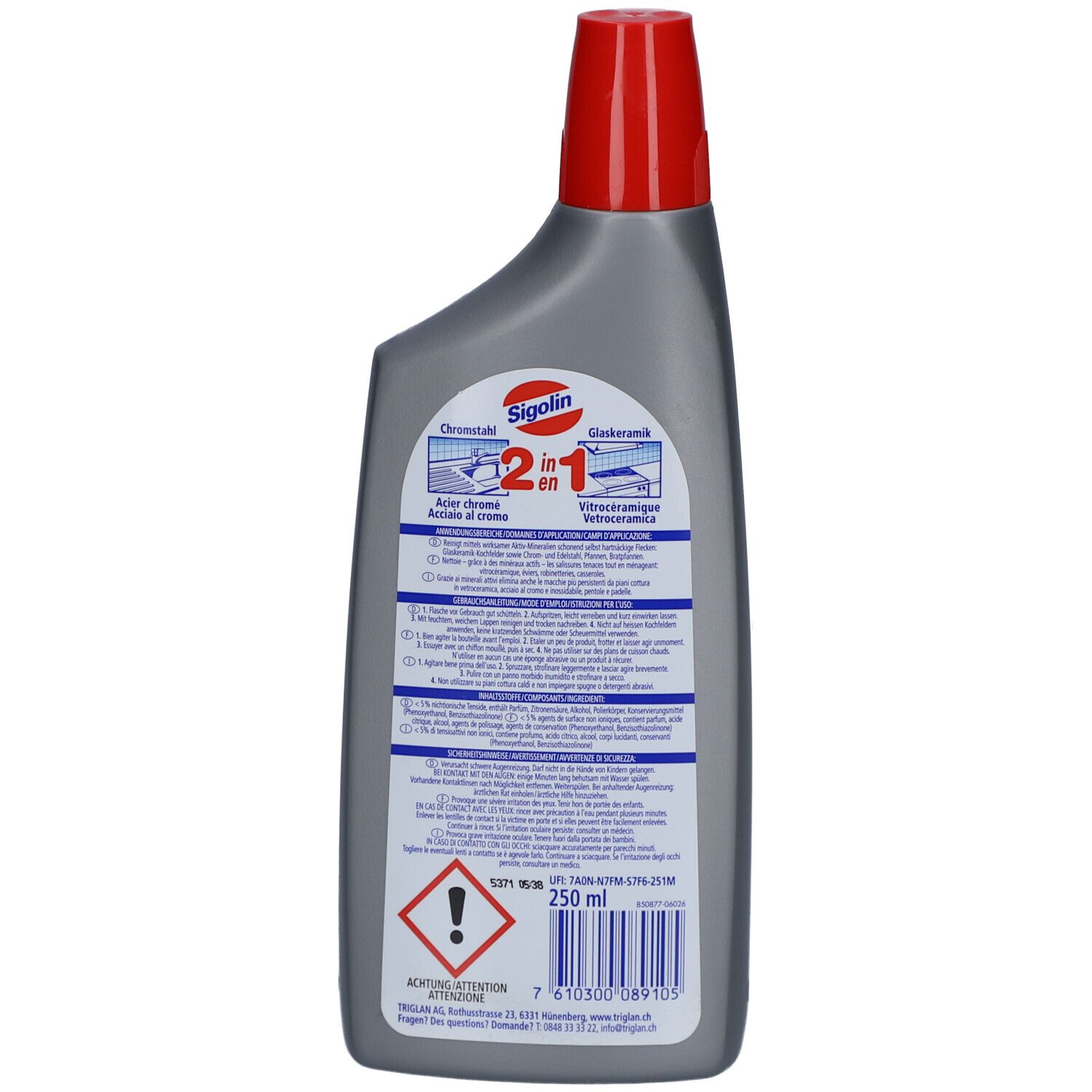 Achterkant van een grijze fles met rode dop. Opschrift: Chromstahl Glaskeramik 2in1. Bevat informatie en waarschuwingen.