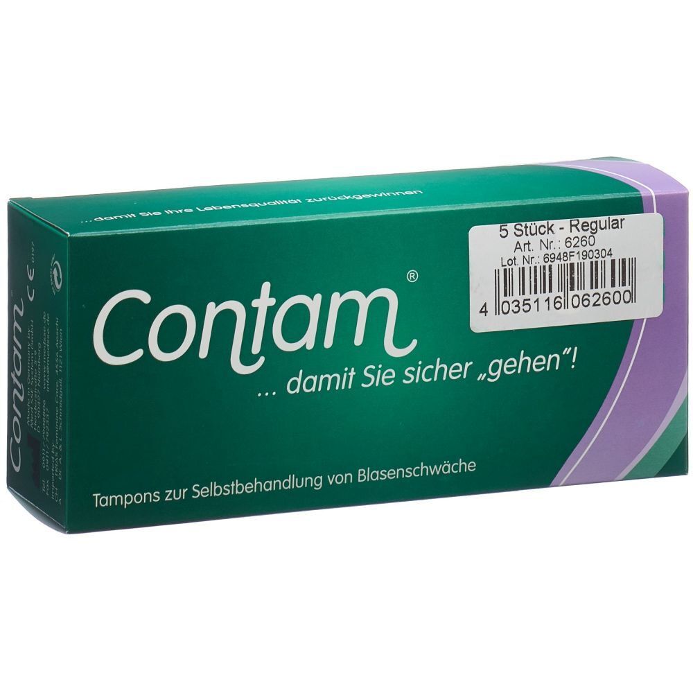 Boîte verte avec logo "Contam" et texte. Contient 5 pièces. Inscription : "...damit Sie sicher gehen!"