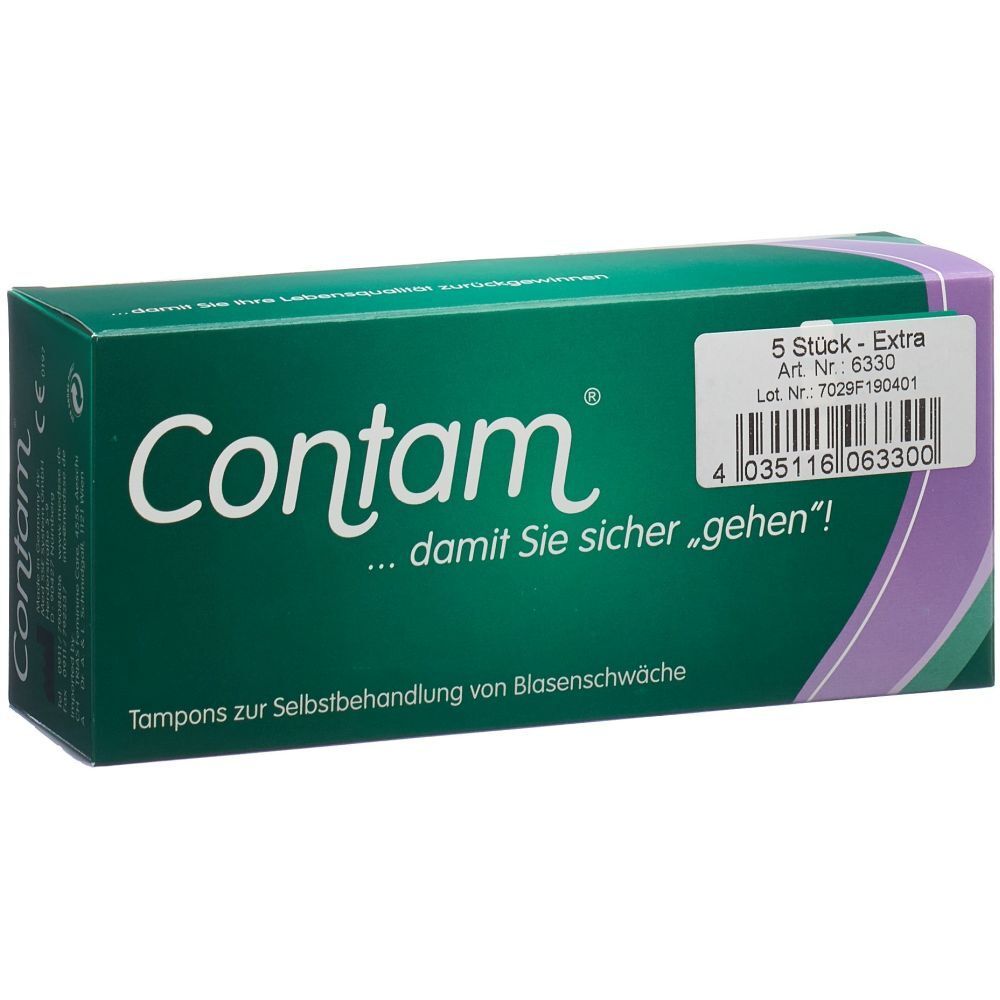 Groene doos met "Contam" logo en tekst. Bevat 5 Extra tampons. Opdrukken: Art.nr., Lotnr., barcode.