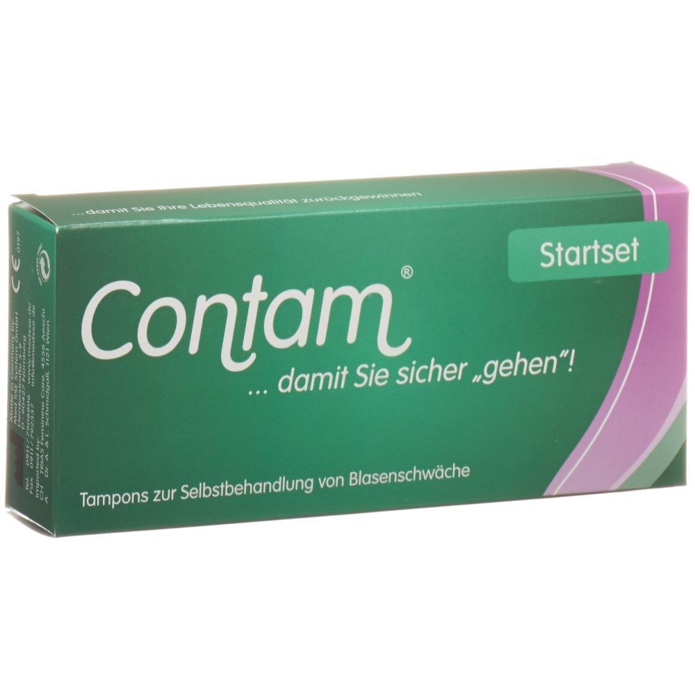 Groene verpakking met witte "Contam" tekst. "Startset" en tekst over incontinentie. Paarse accenten.