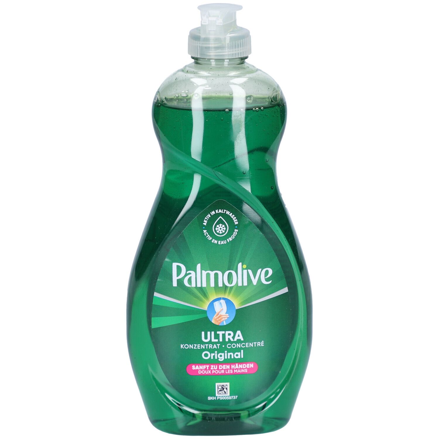 Bouteille verte Palmolive Ultra Original. Inscription: Ultra concentré. Formule sans microplastiques. Avec bouchon doseur.