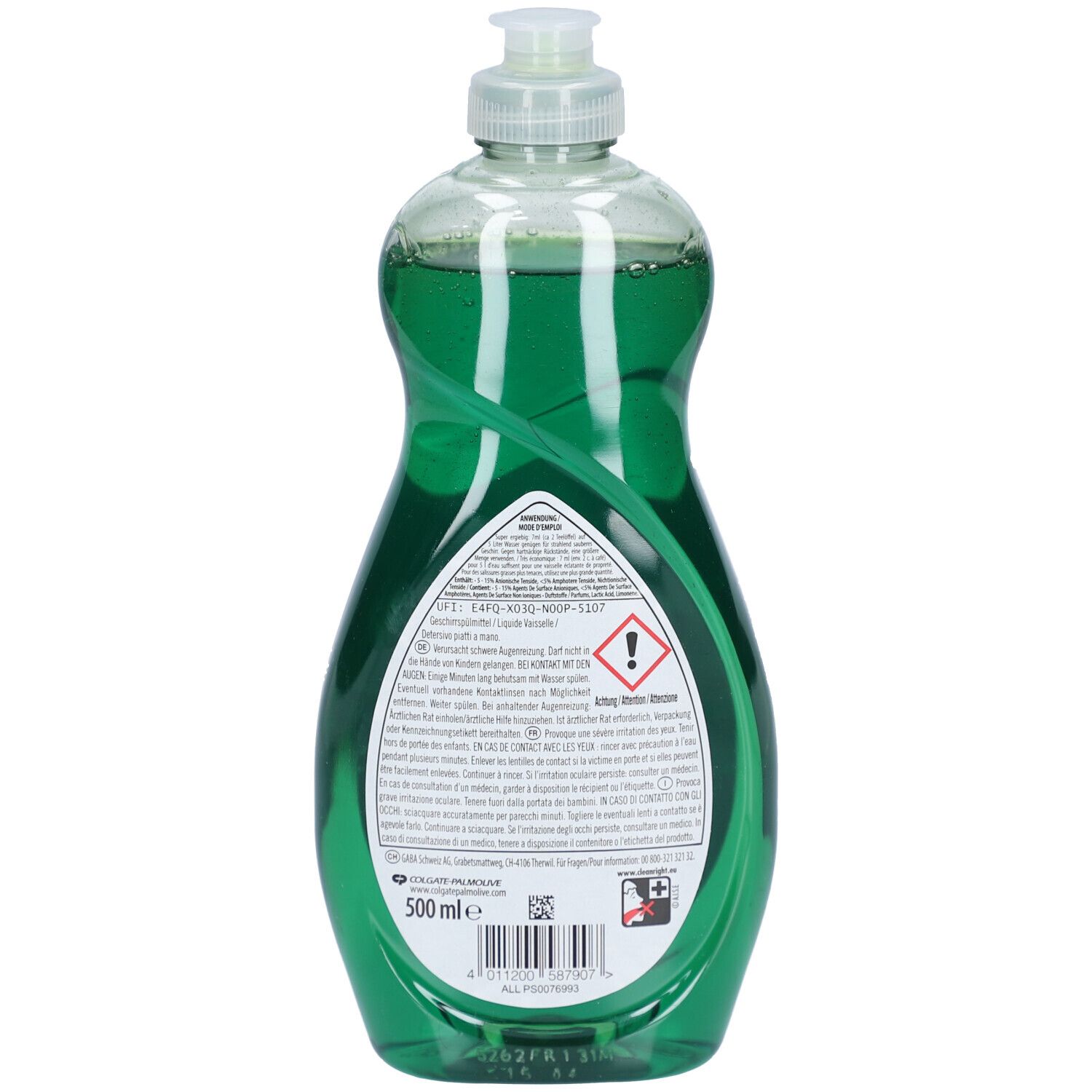 Dos de la bouteille verte Palmolive Ultra Original. Contient du texte et des symboles. Volume: 500 ml. Avec code-barres.