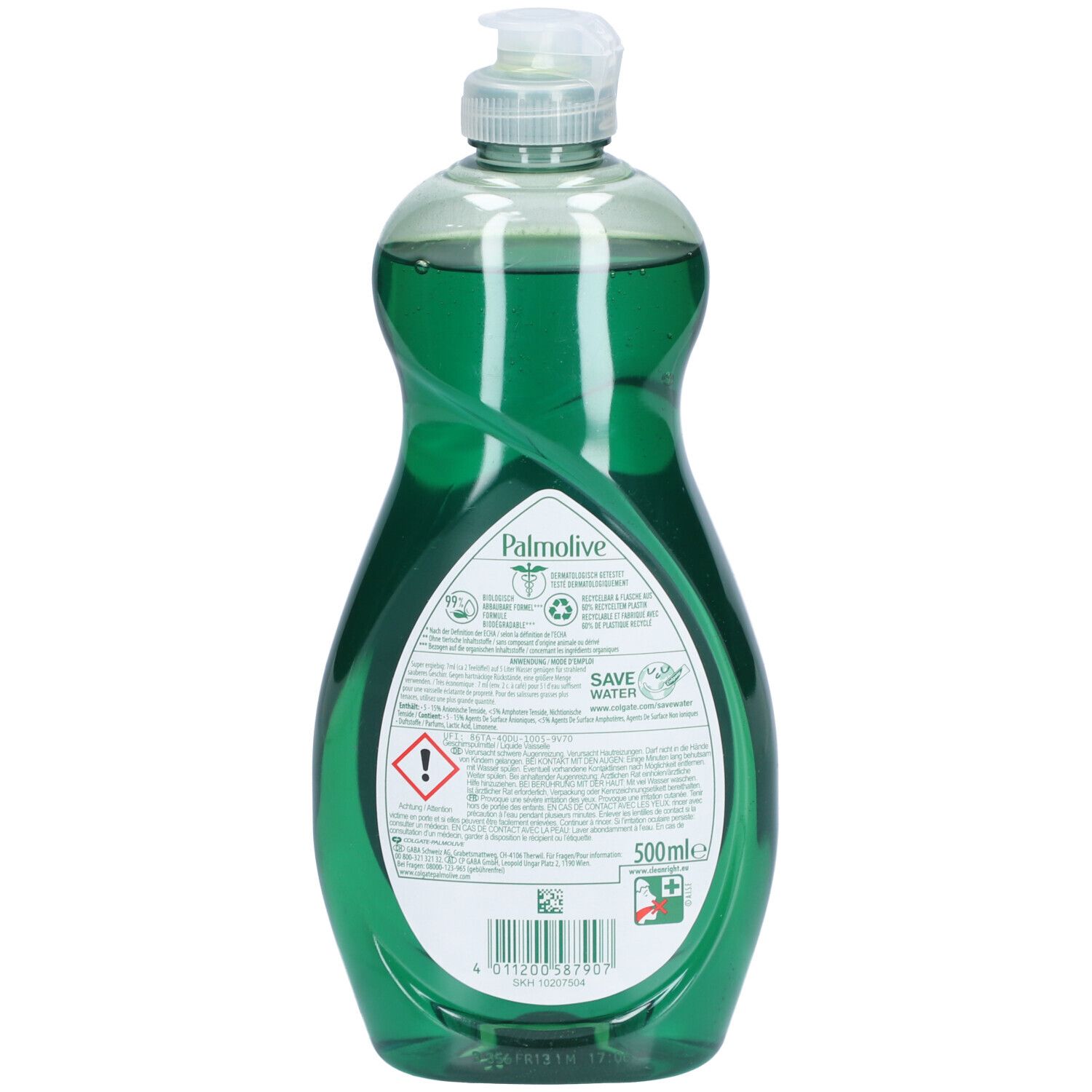 Dos de la bouteille verte Palmolive Ultra Original. Texte et symboles. Volume: 500 ml. Logo Save Water.