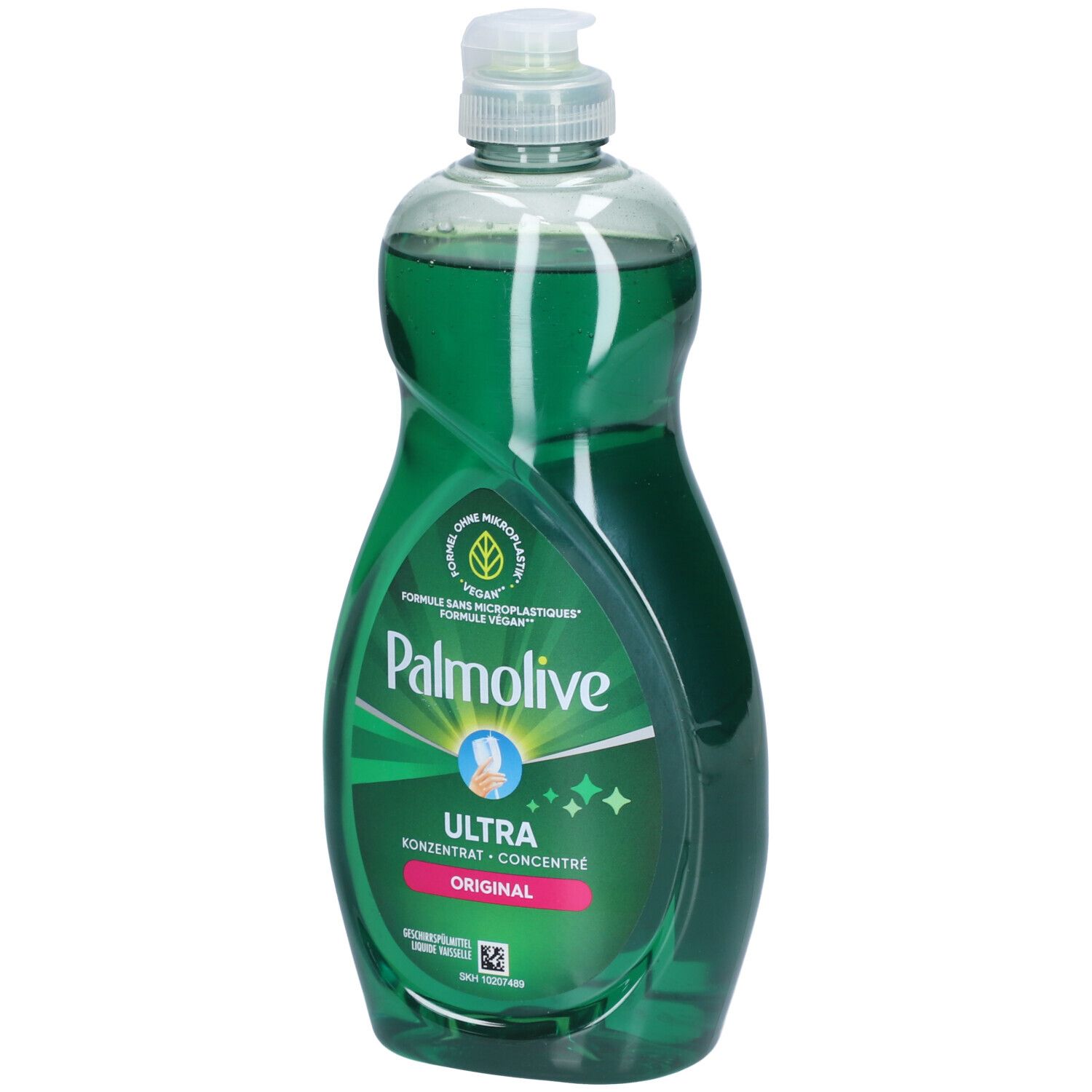 Bouteille verte Palmolive Ultra Original. Inscription: Ultra concentré. Vegan. Formule sans microplastiques. Avec bouchon doseur.