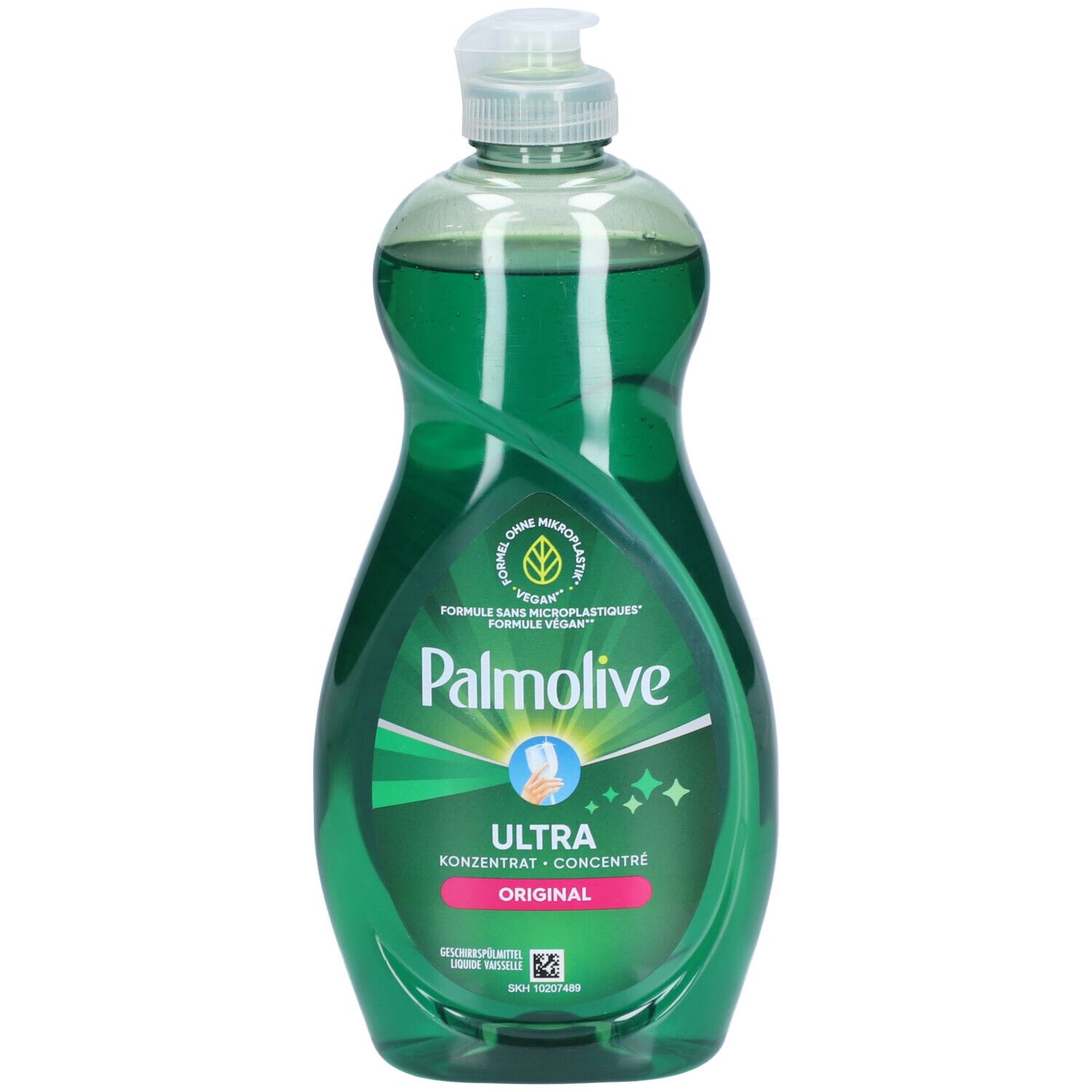 Bouteille verte de liquide vaisselle Palmolive Ultra Original concentré. Avec bouchon doseur. Inscription: Sanft zu den Händen.