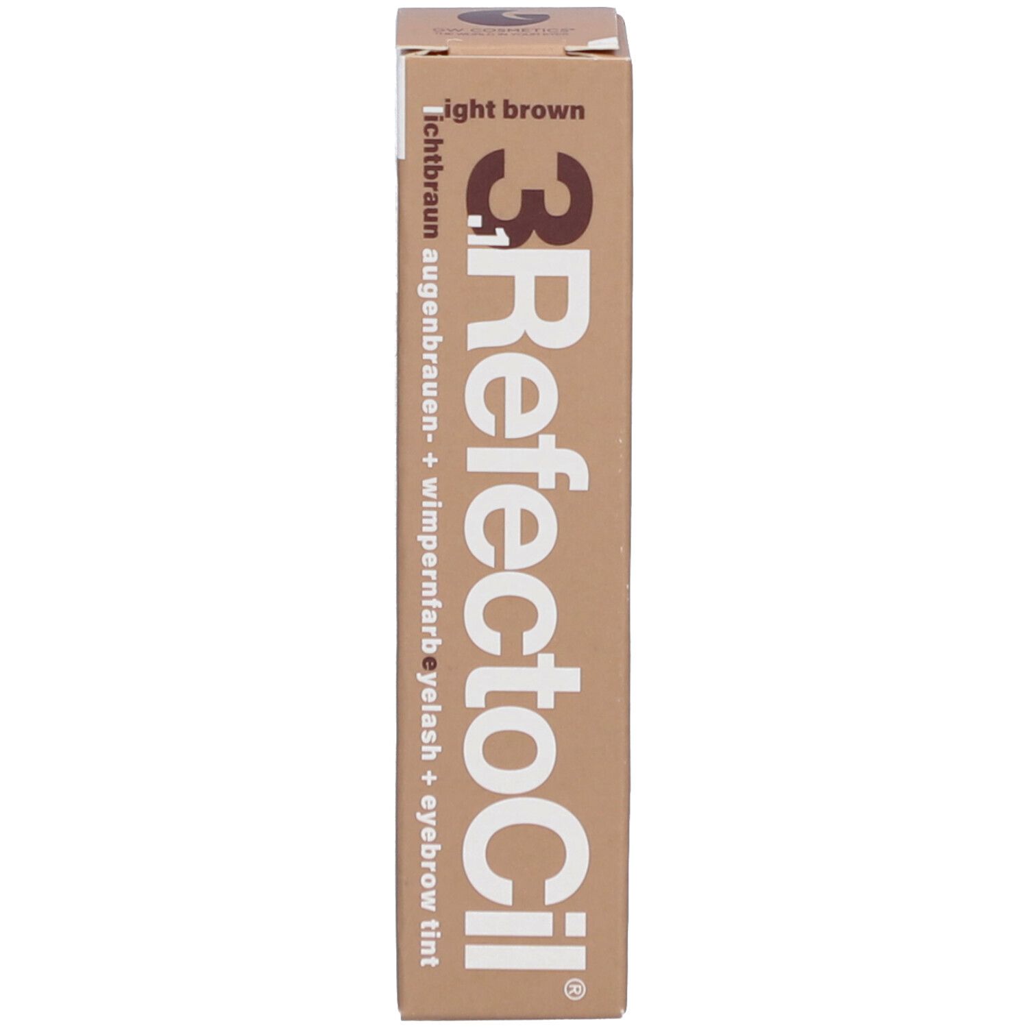 Verpakking Refectocil 3.1, lichtbruin. Wenkbrauw- en wimperverf. Beige verpakking met tekst.
