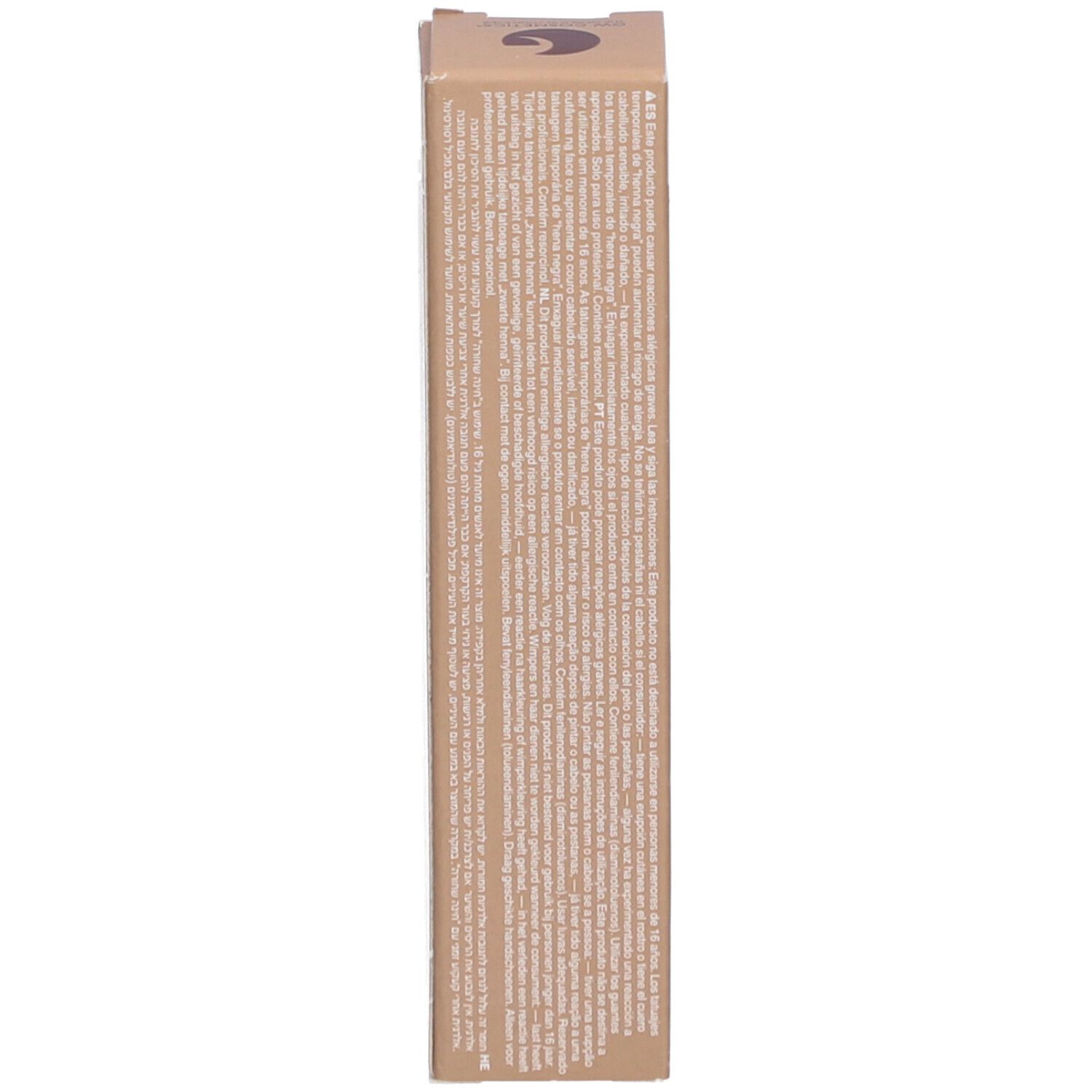 Zijkant van de Refectocil verpakking. Meertalige tekst. Beige verpakking.