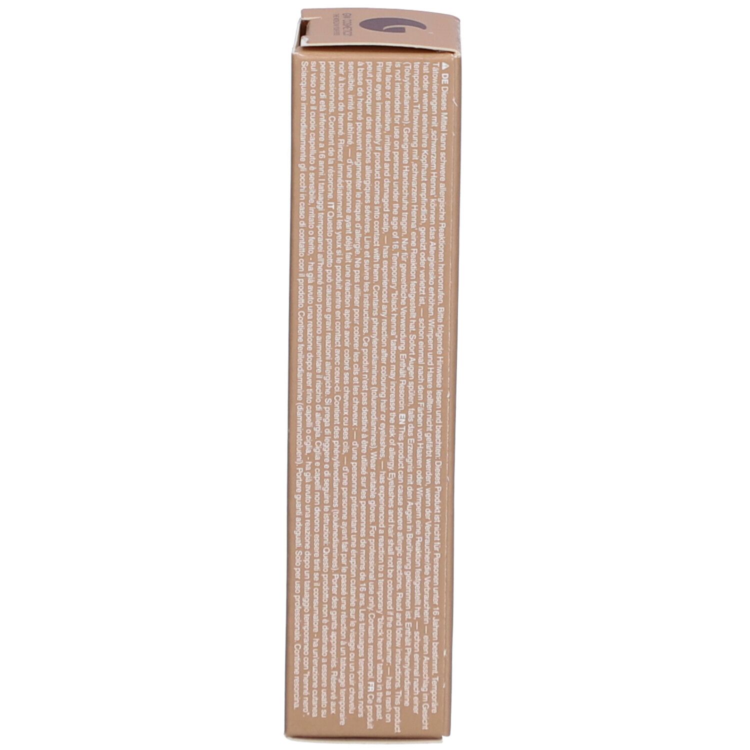 Zijkant van de Refectocil verpakking. Meertalige tekst. Beige verpakking.