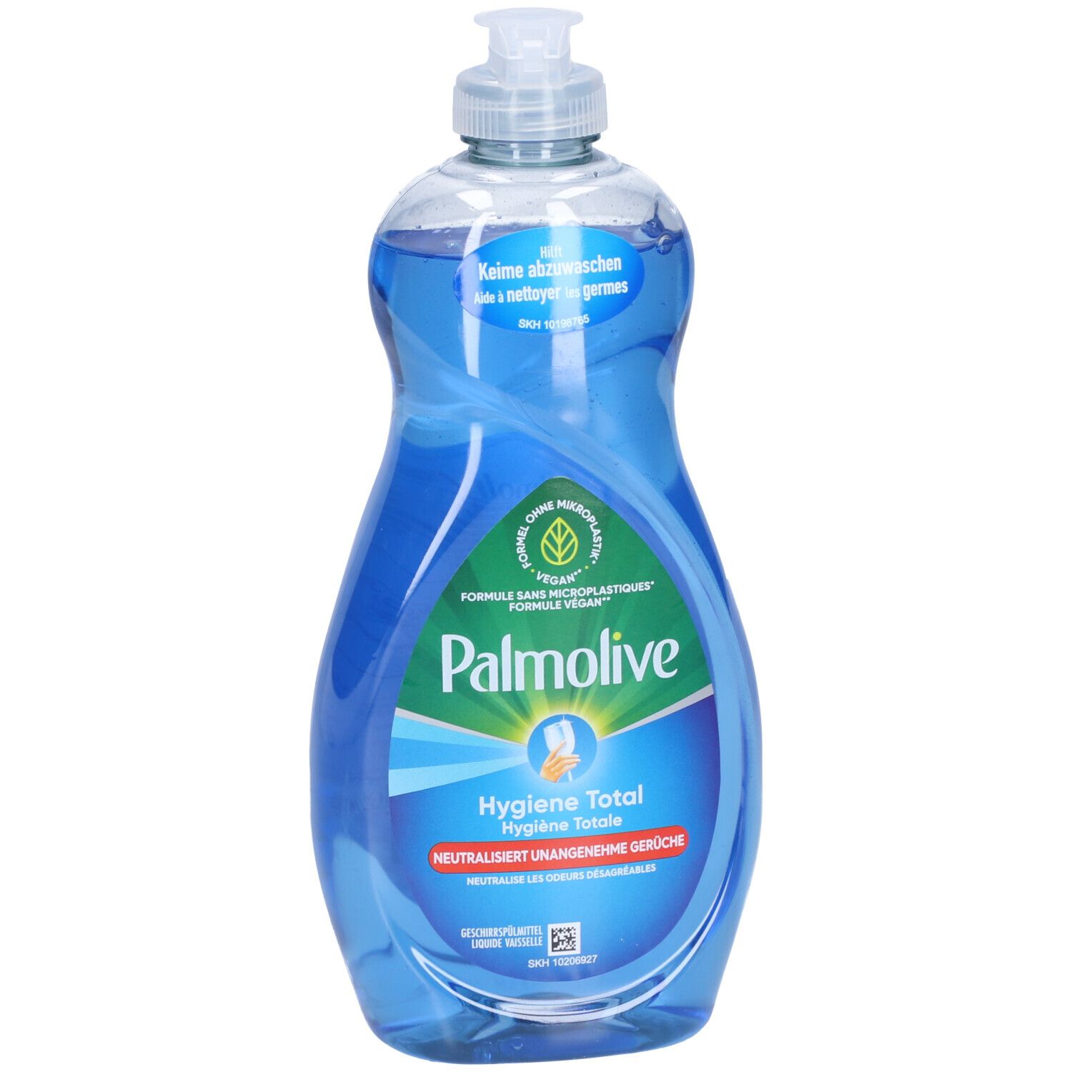 Bouteille de liquide vaisselle bleu avec distributeur blanc. Inscription: PALMOLIVE Hygiene Total. Vegan. Sans microplastiques.