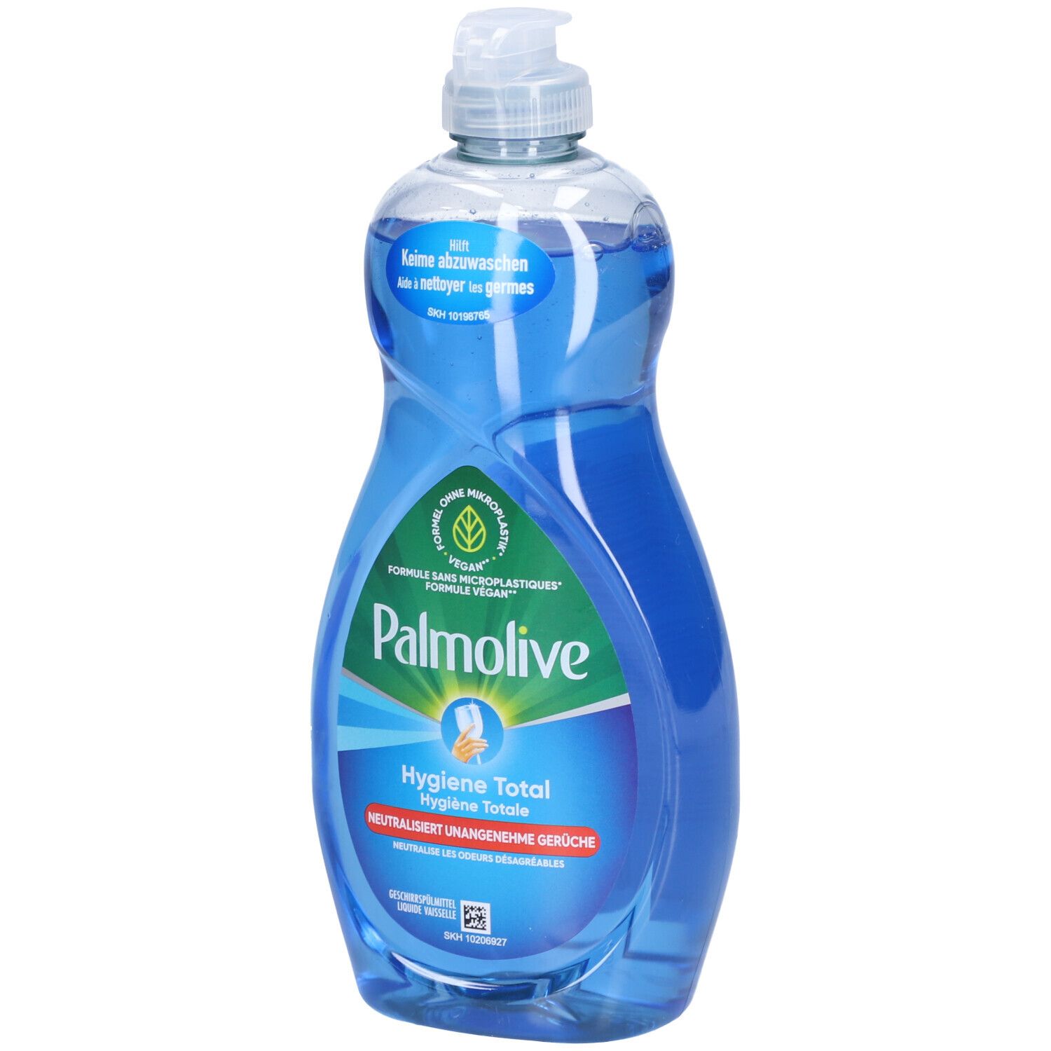 Bouteille de liquide vaisselle bleu avec distributeur blanc. Inscription: PALMOLIVE Hygiene Total. Vegan. Sans microplastiques.