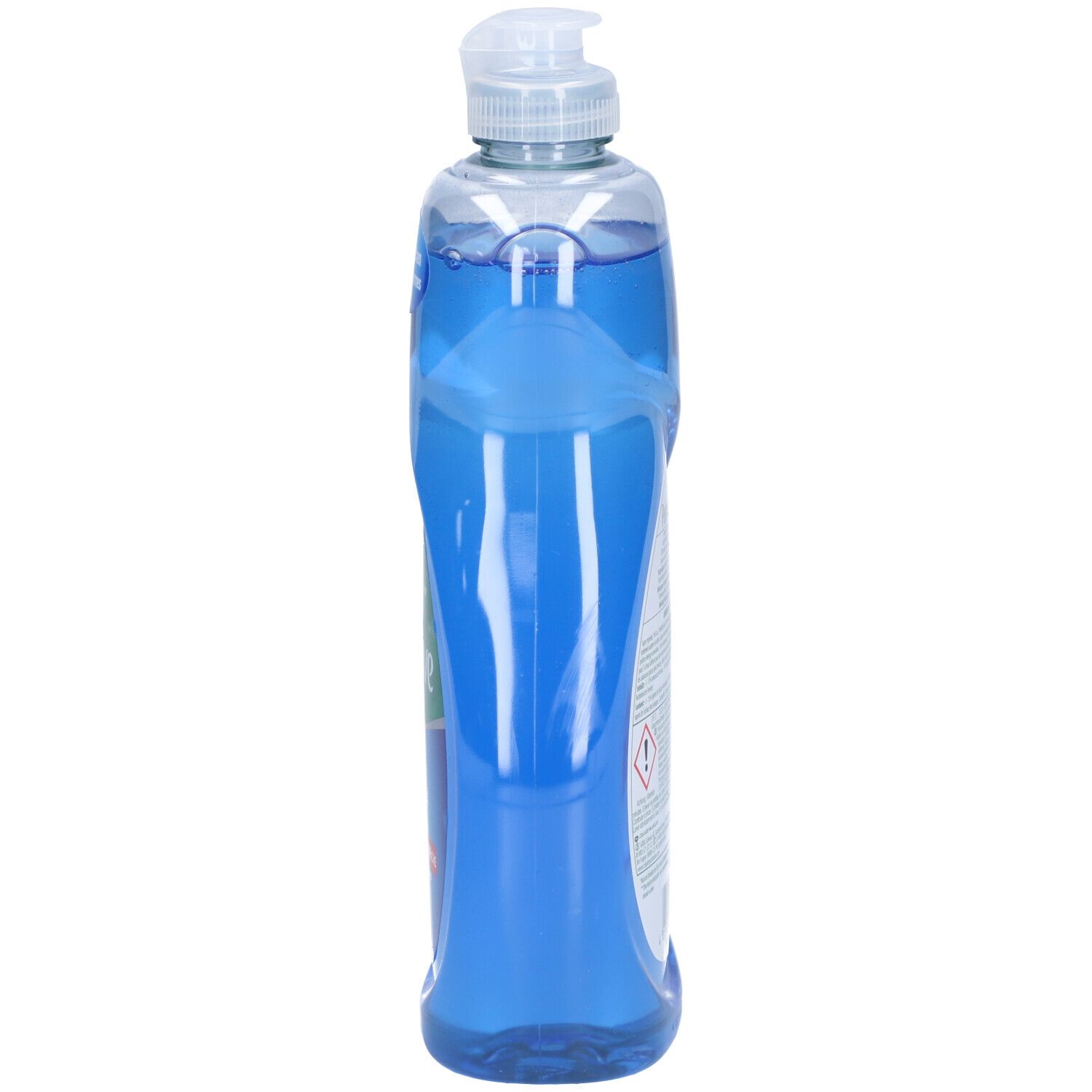 Bouteille de liquide vaisselle bleu mince avec distributeur blanc. Inscription et étiquette sur le côté.