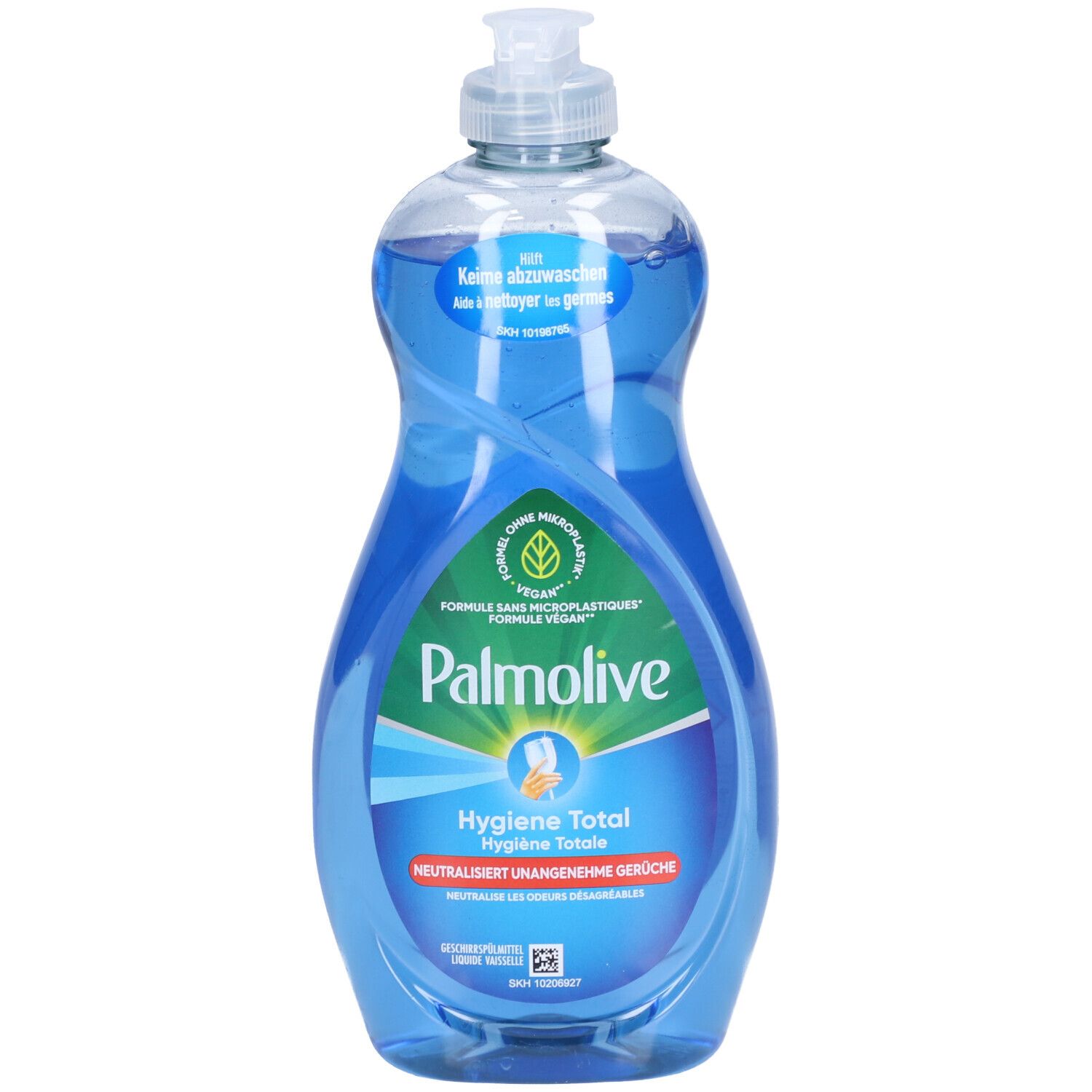 Bouteille bleu-transparent de liquide vaisselle. Distributeur blanc en haut. Inscription: PALMOLIVE Hygiene Total. Vegan.