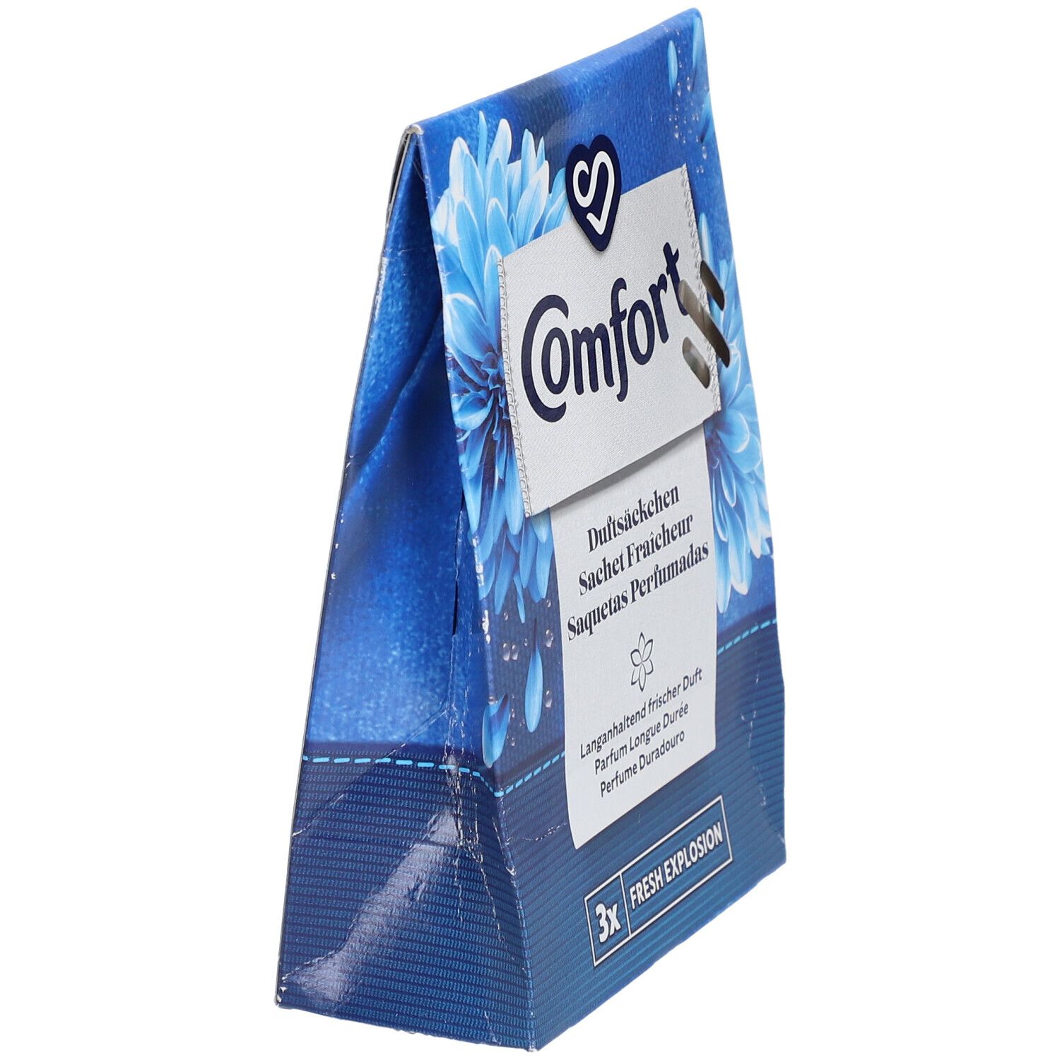 Blauwe verpakking met Comfort-logo en meertalige teksten. Opschrift: Fresh Explosion, 3x. Schuine weergave.