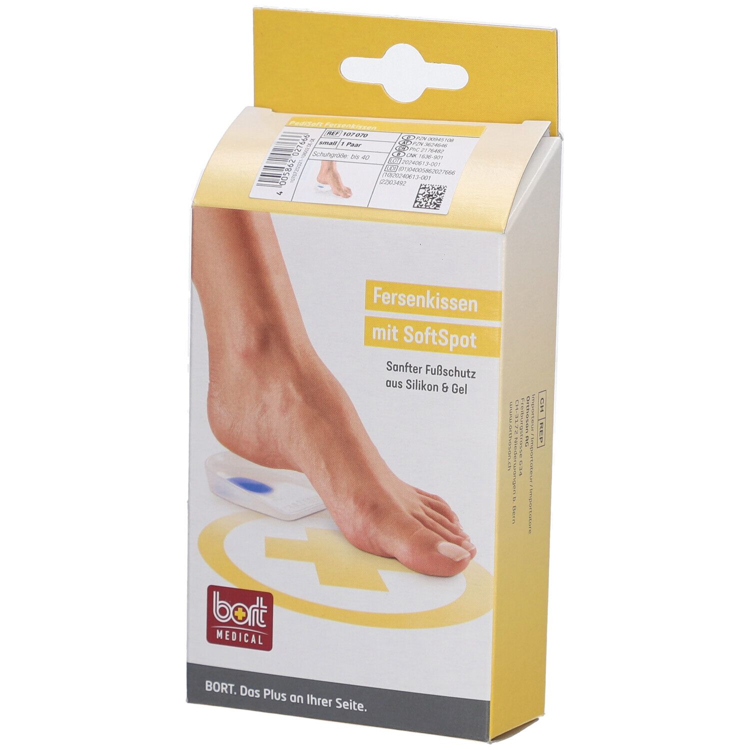 Verpakking met hielkussens. Voet op geel symbool. Tekst: Fersenkissen mit SoftSpot, bort MEDICAL.