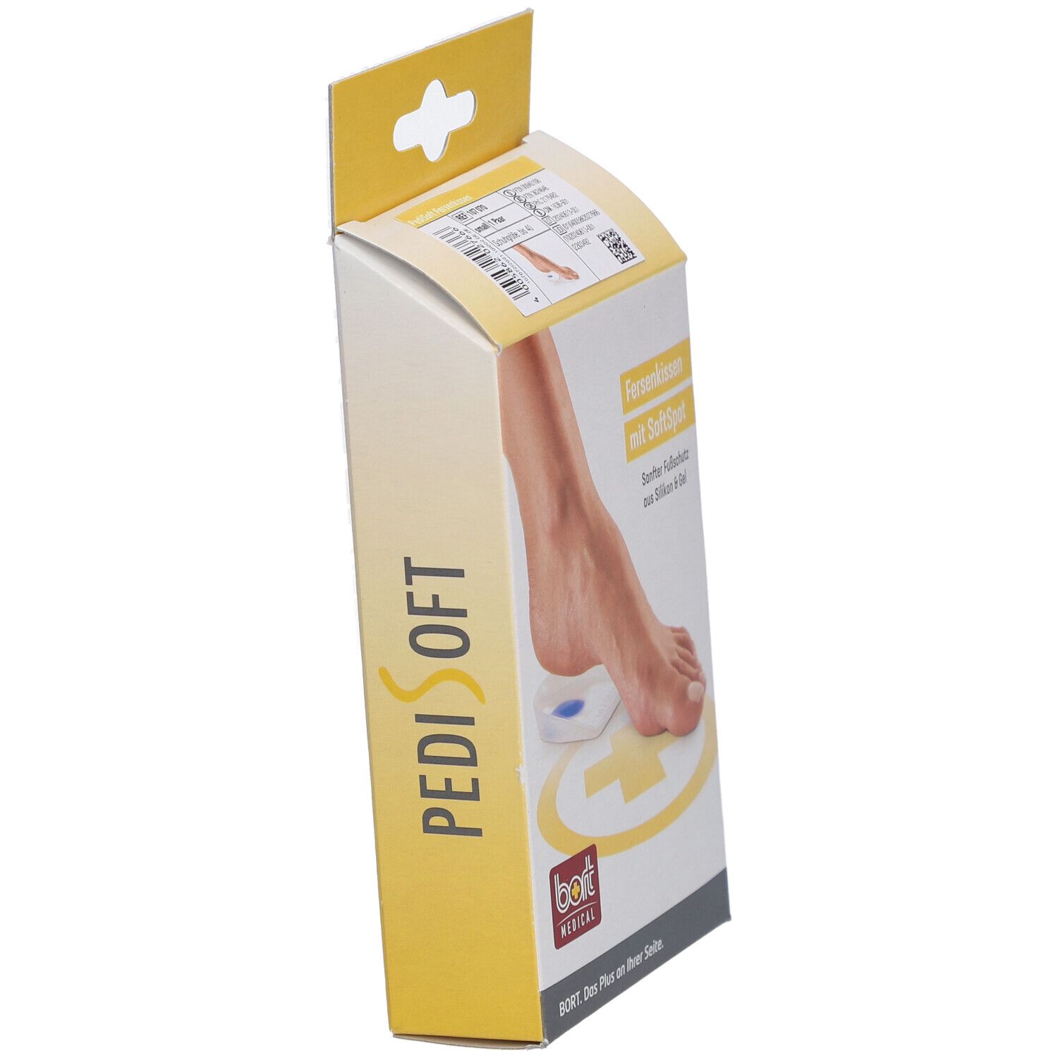 Schuine weergave van de verpakking. Tekst: PediSoft, Fersenkissen mit SoftSpot, bort MEDICAL.