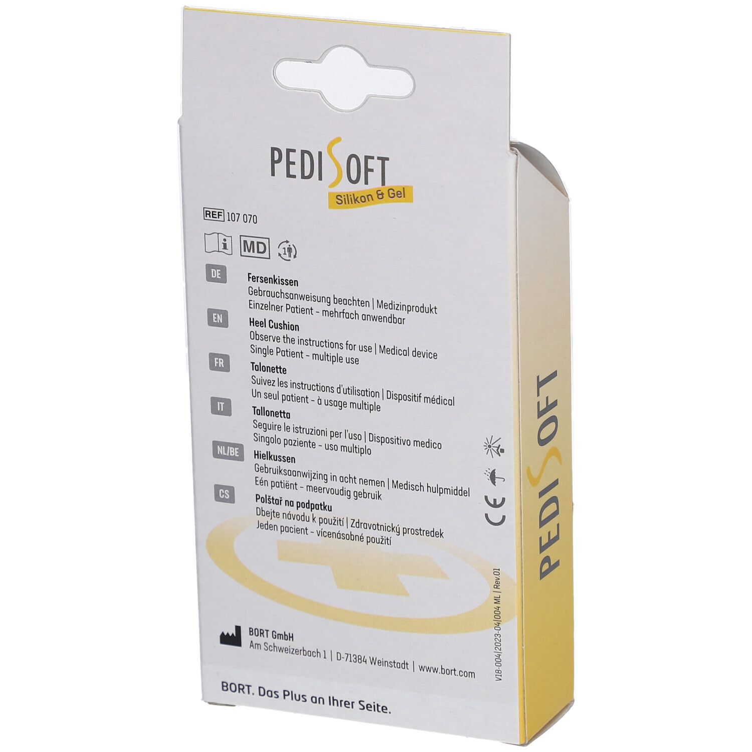 Achterkant van de verpakking. Tekst: PediSoft, Siliconen & Gel. Gebruiksaanwijzing, CE-markering.