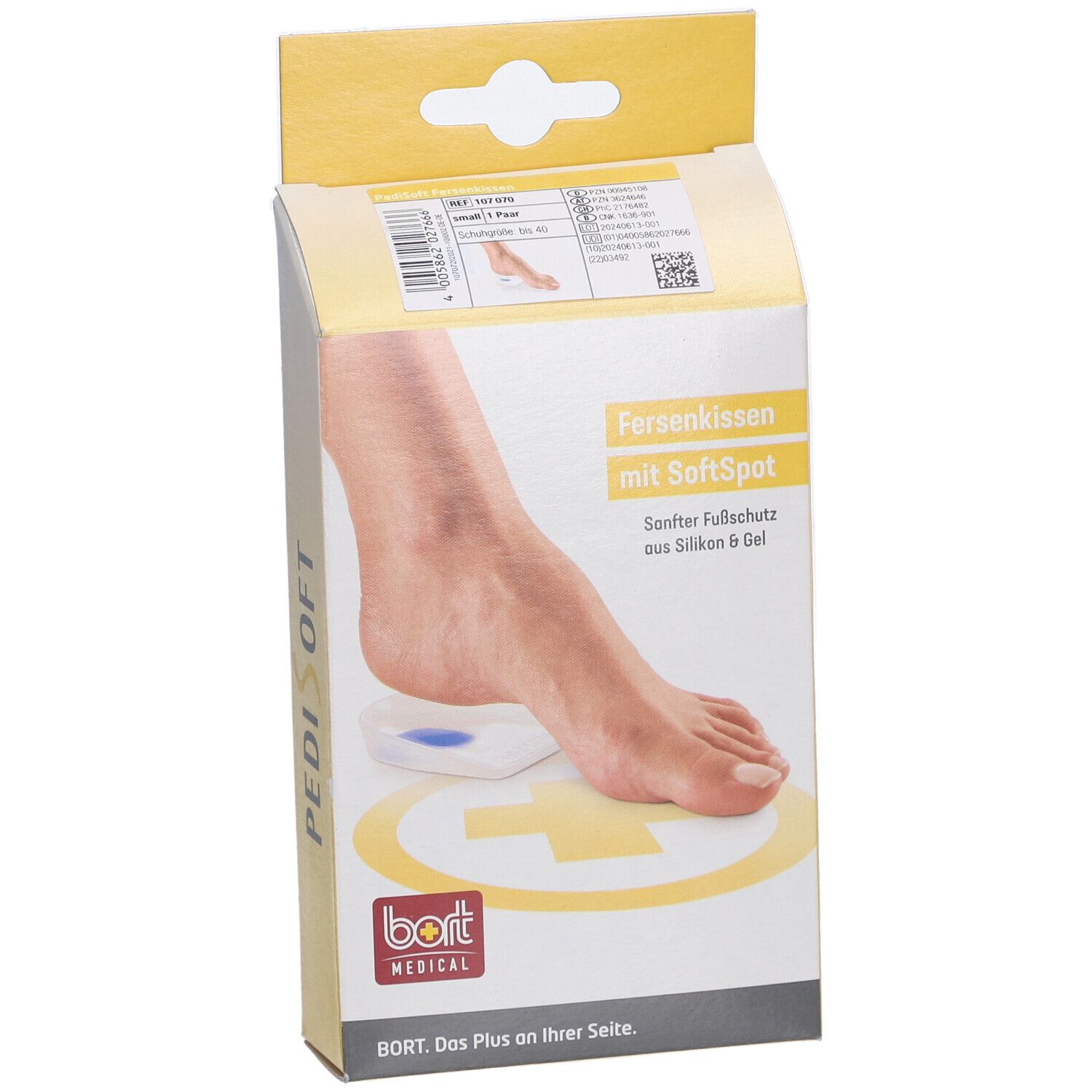 Schuine weergave van de verpakking. Tekst: PediSoft, Fersenkissen mit SoftSpot, bort MEDICAL.