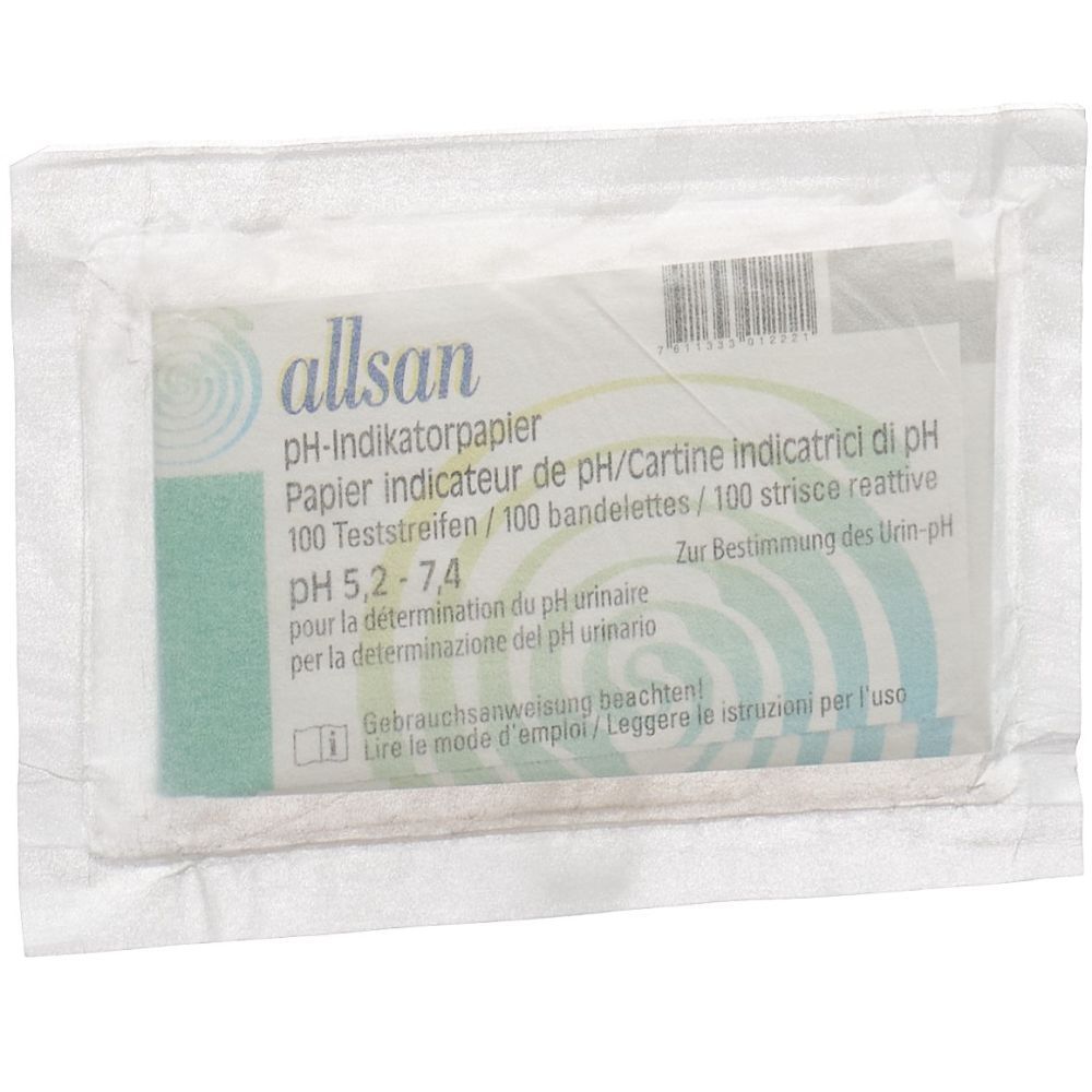 Emballage de papier indicateur de pH. Inscription: allsan, pH 5,2-7,4, 100 bandelettes. Emballé dans du film.
