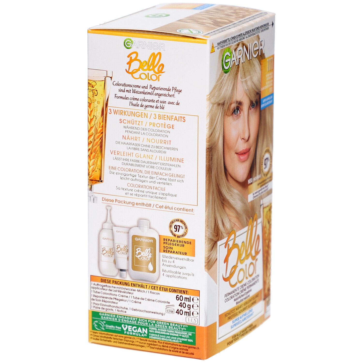 Garnier Belle Color verpakking. Achterkant met productinfo. Bevat 60ml crème, 40ml ontwikkelaar. Vegan logo.