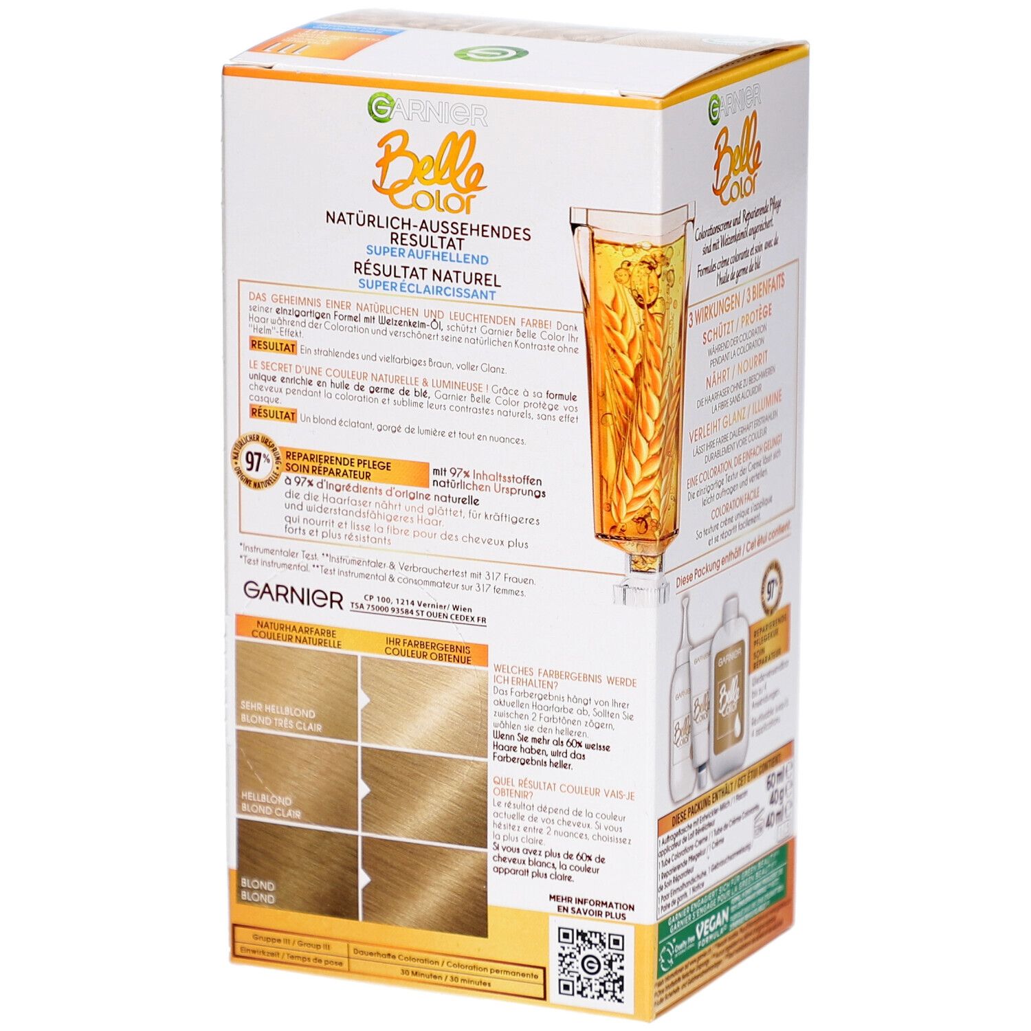 Garnier Belle Color verpakking. Achterkant met kleurstalen. Tekst: Natuurlijk resultaat. 97% reparatie.