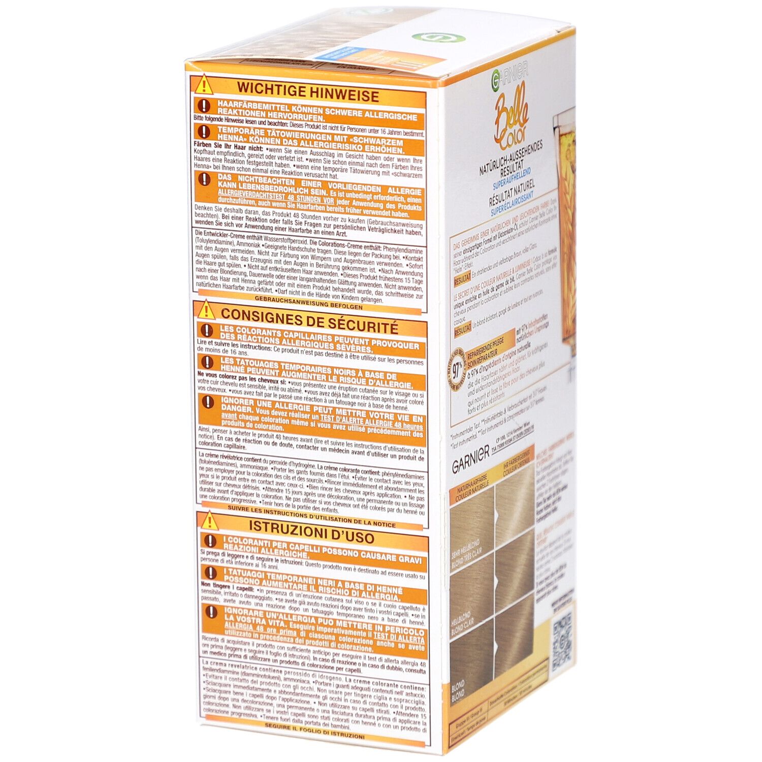 Garnier Belle Color verpakking. Achterkant met waarschuwingen en gebruiksaanwijzing. Tekst: Belangrijke aanwijzingen.