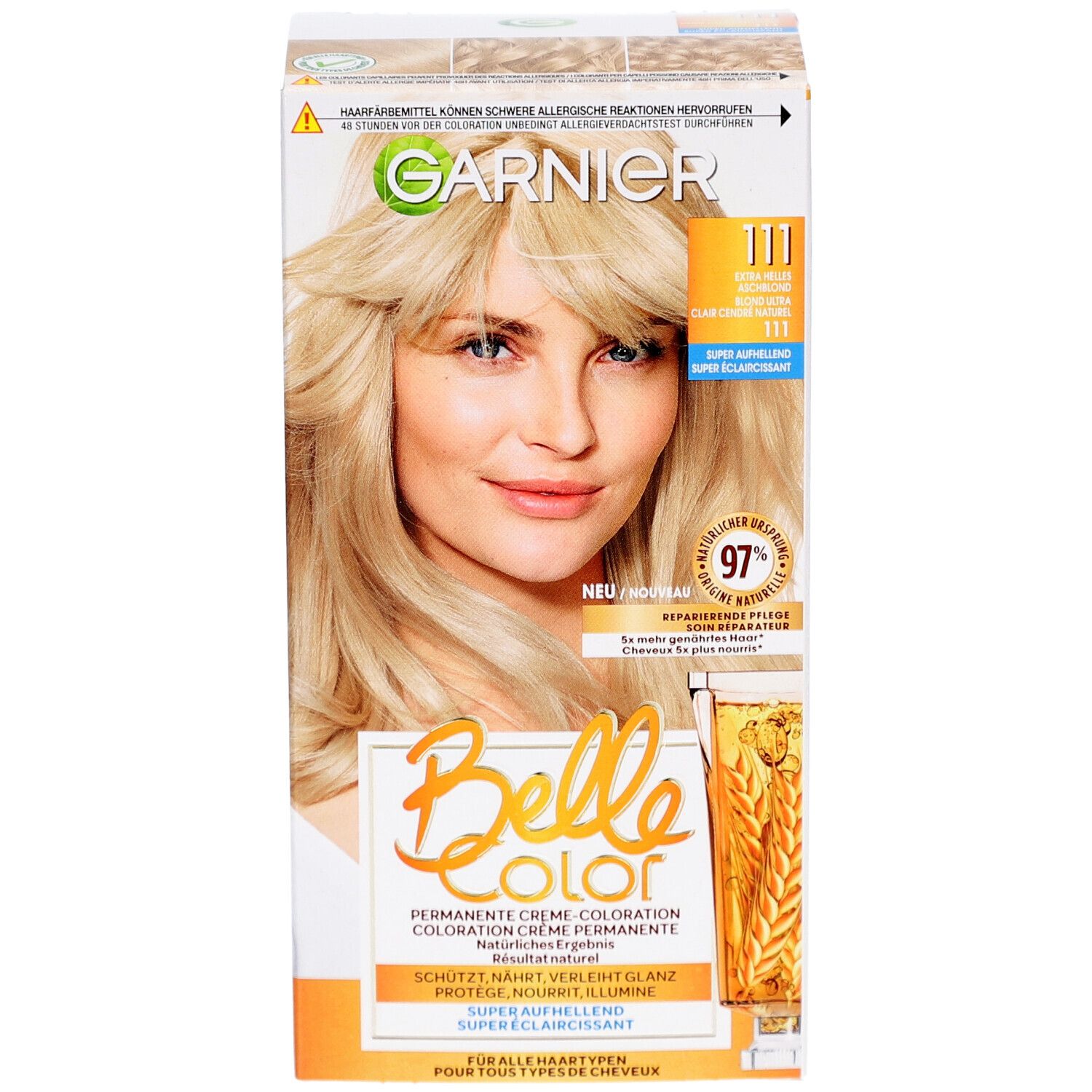 Garnier Belle Color verpakking. Blonde vrouw. Productnaam, tint 111. Tekst: Super oplichtend. 97% reparatie.