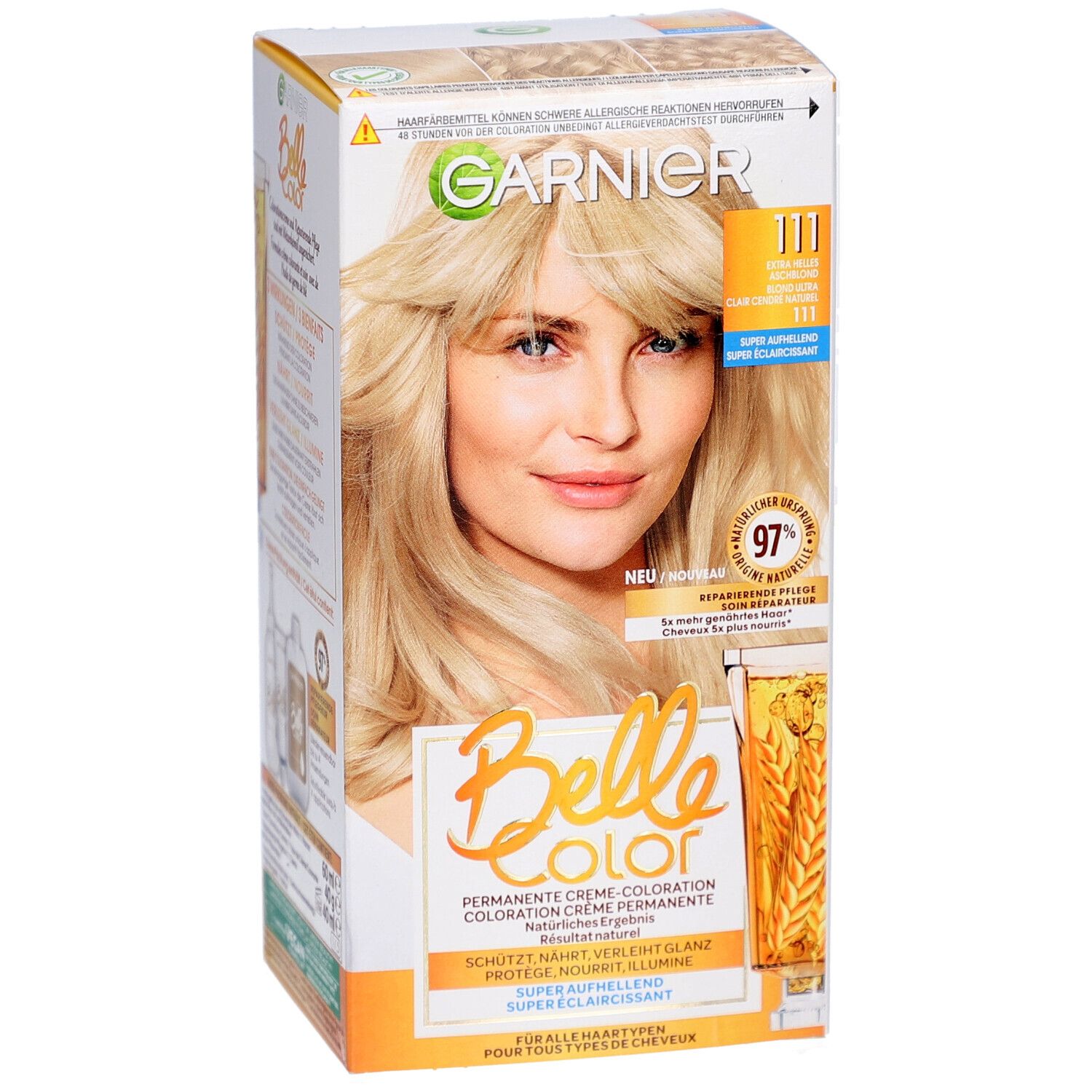 Garnier Belle Color verpakking. Blonde vrouw. Productnaam, tint 111. Tekst: Super oplichtend. 97% reparatie.