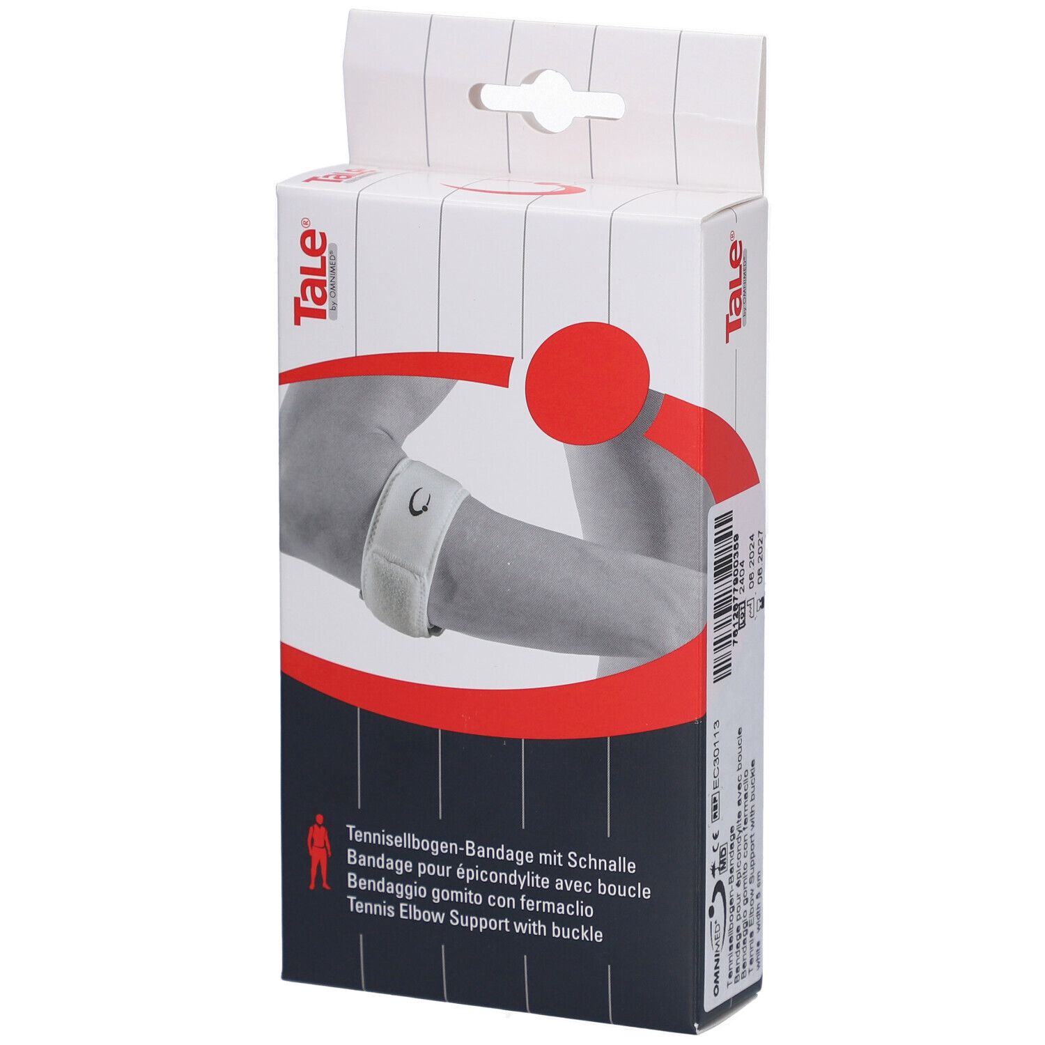 Verpakking met elleboogbandage. Tekst: Tale, Tenniselleboogbandage met gesp. Illustratie van een arm met bandage.