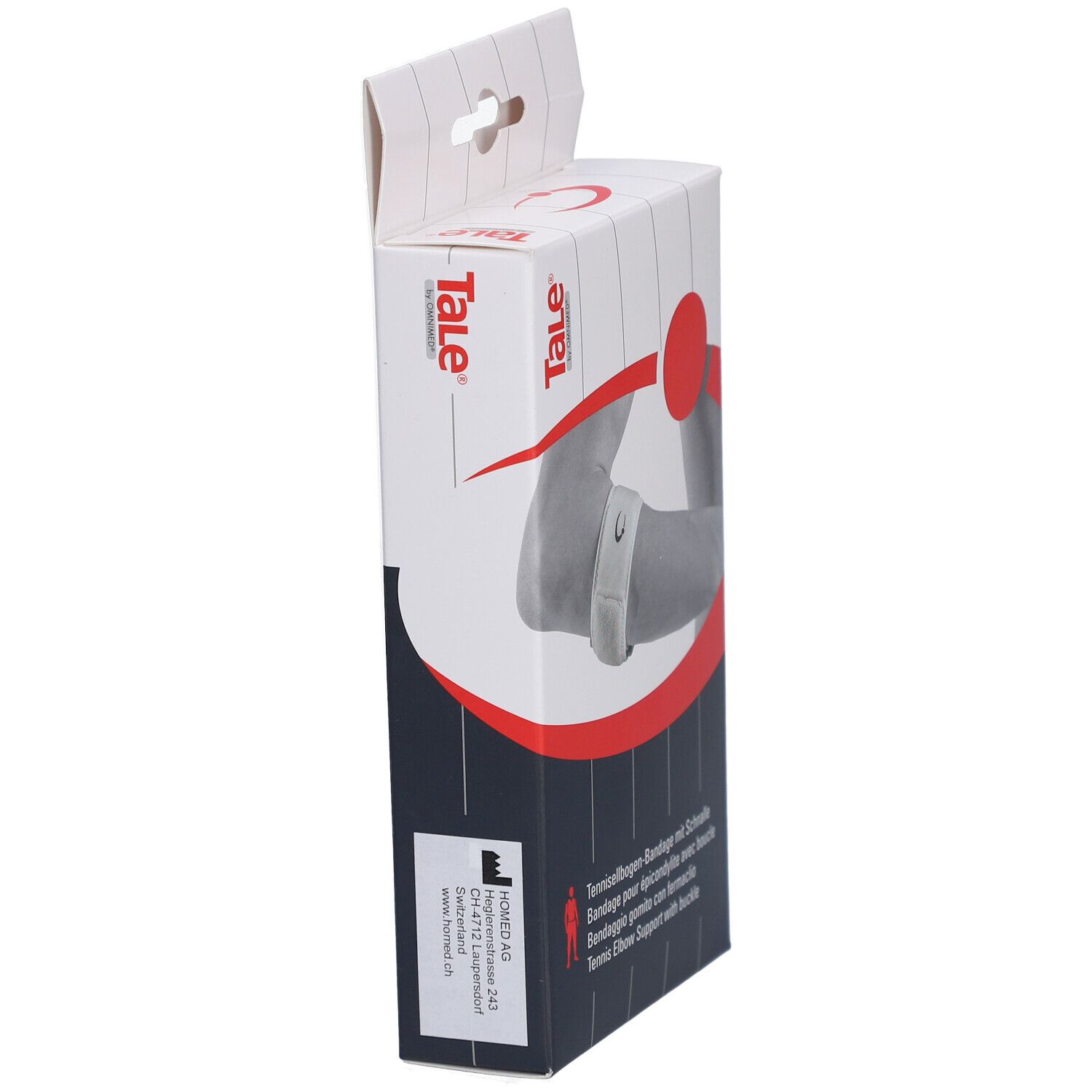 Zijaanzicht van de verpakking. Tekst: Tale. Opdruk: Tenniselleboogbandage met gesp. Logo: HOMED AG.
