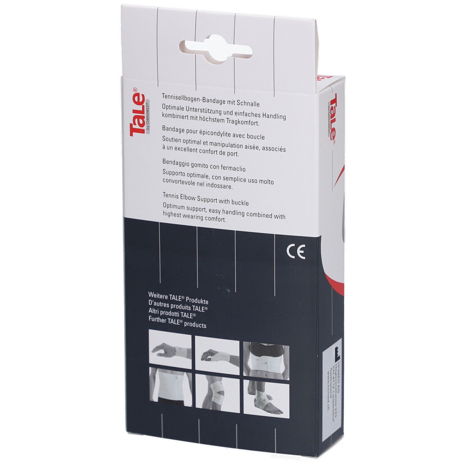 Achterkant van de verpakking. Tekst: Tale, Tenniselleboogbandage met gesp. CE-markering. Illustraties van de toepassing.
