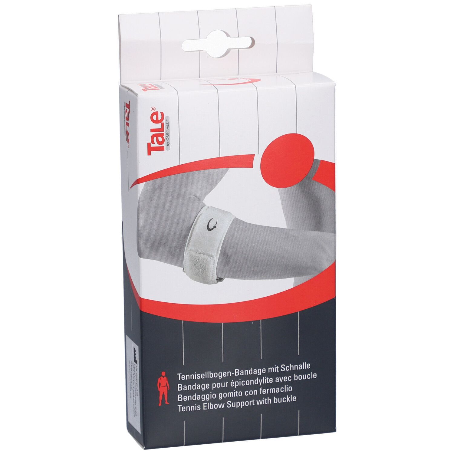 Verpakking met elleboogbandage. Tekst: Tale, Tenniselleboogbandage met gesp. Illustratie van een arm met bandage.