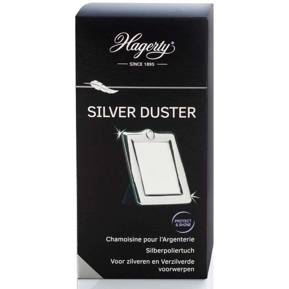 Zwarte doos met "Hagerty Silver Duster". Zilveren object afgebeeld. Tekst: "Chamoisine pour l'argenterie". 