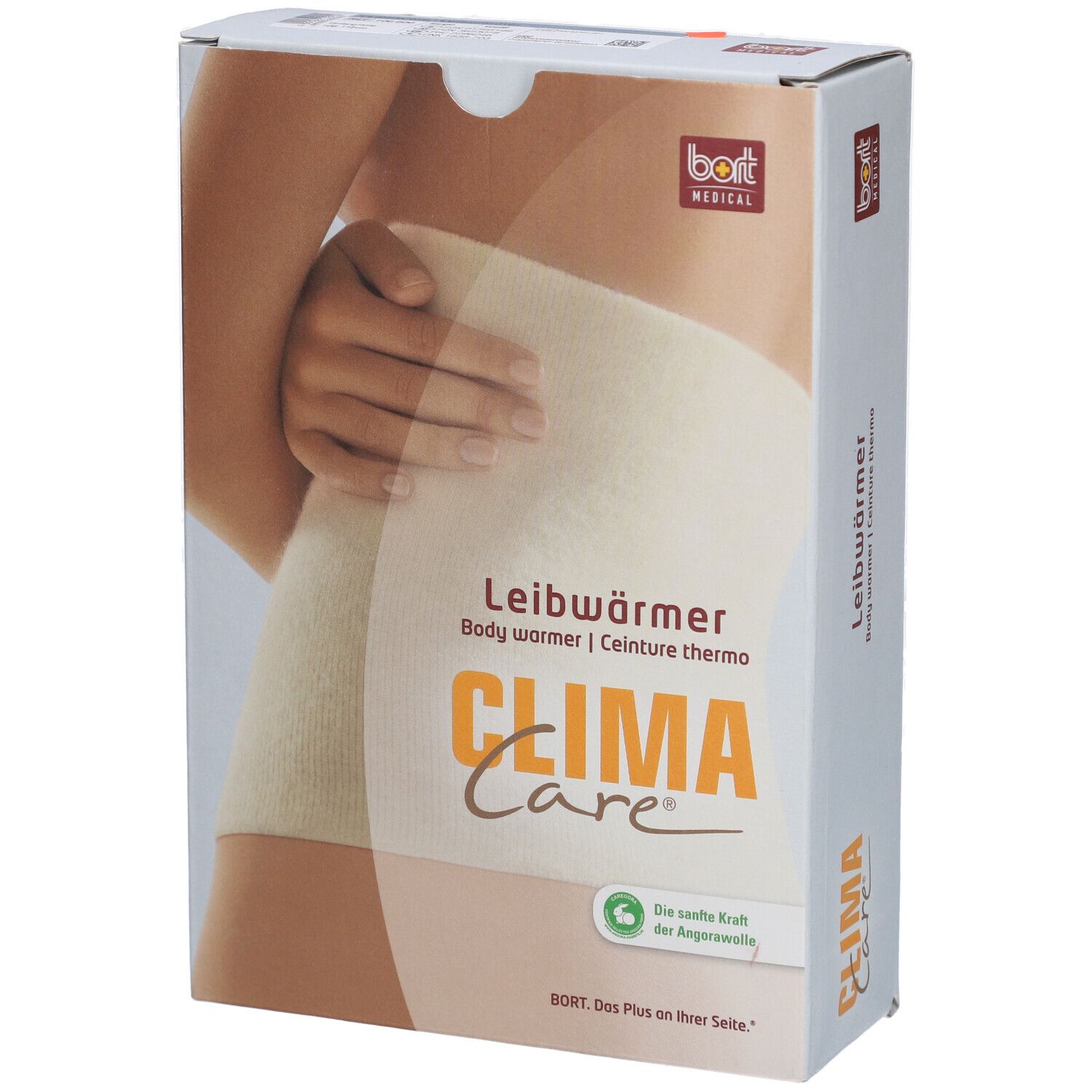 Emballage de Leibwärmer. Inscription: CLIMA Care, BORT MEDICAL. Illustration du produit sur un corps.