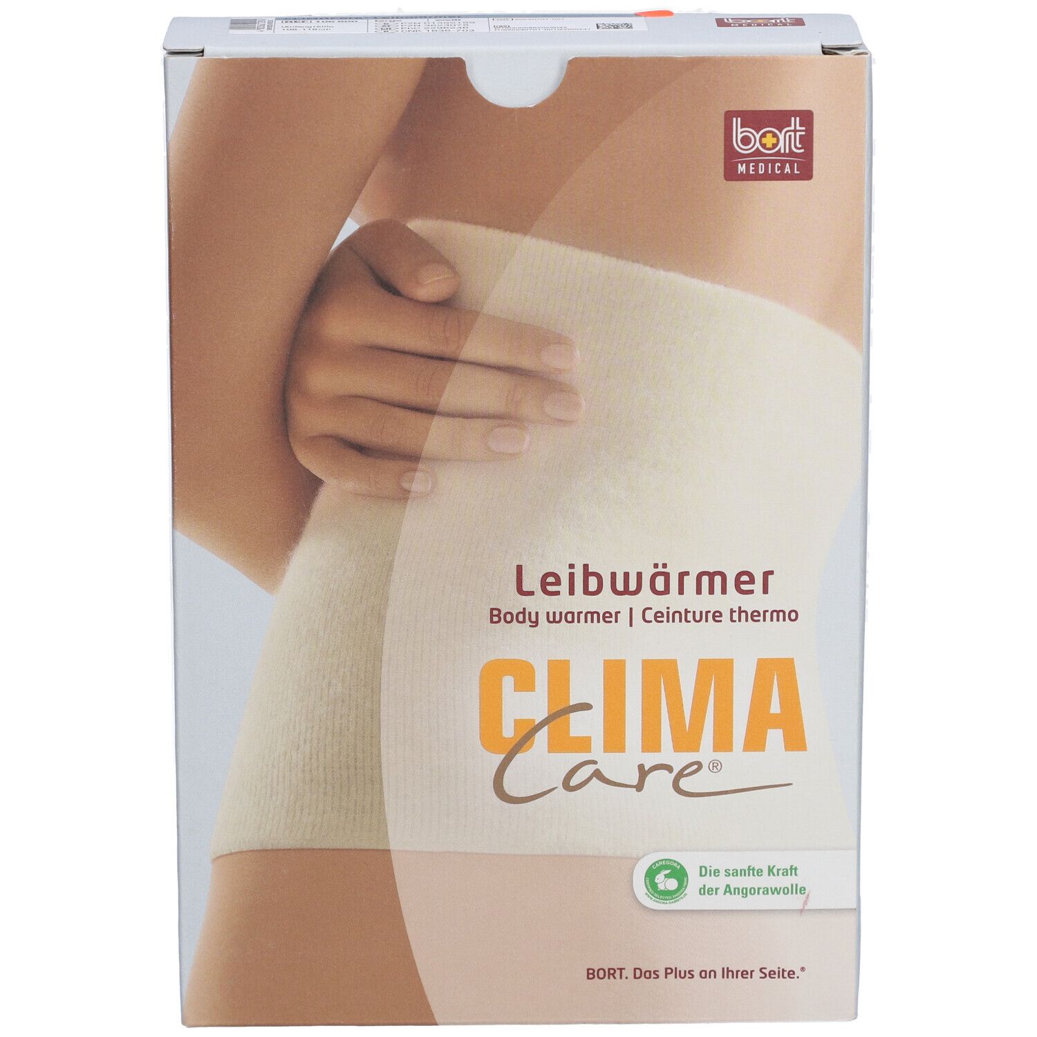 Emballage de Leibwärmer. Inscription: CLIMA Care, BORT MEDICAL. Illustration du produit sur un corps.
