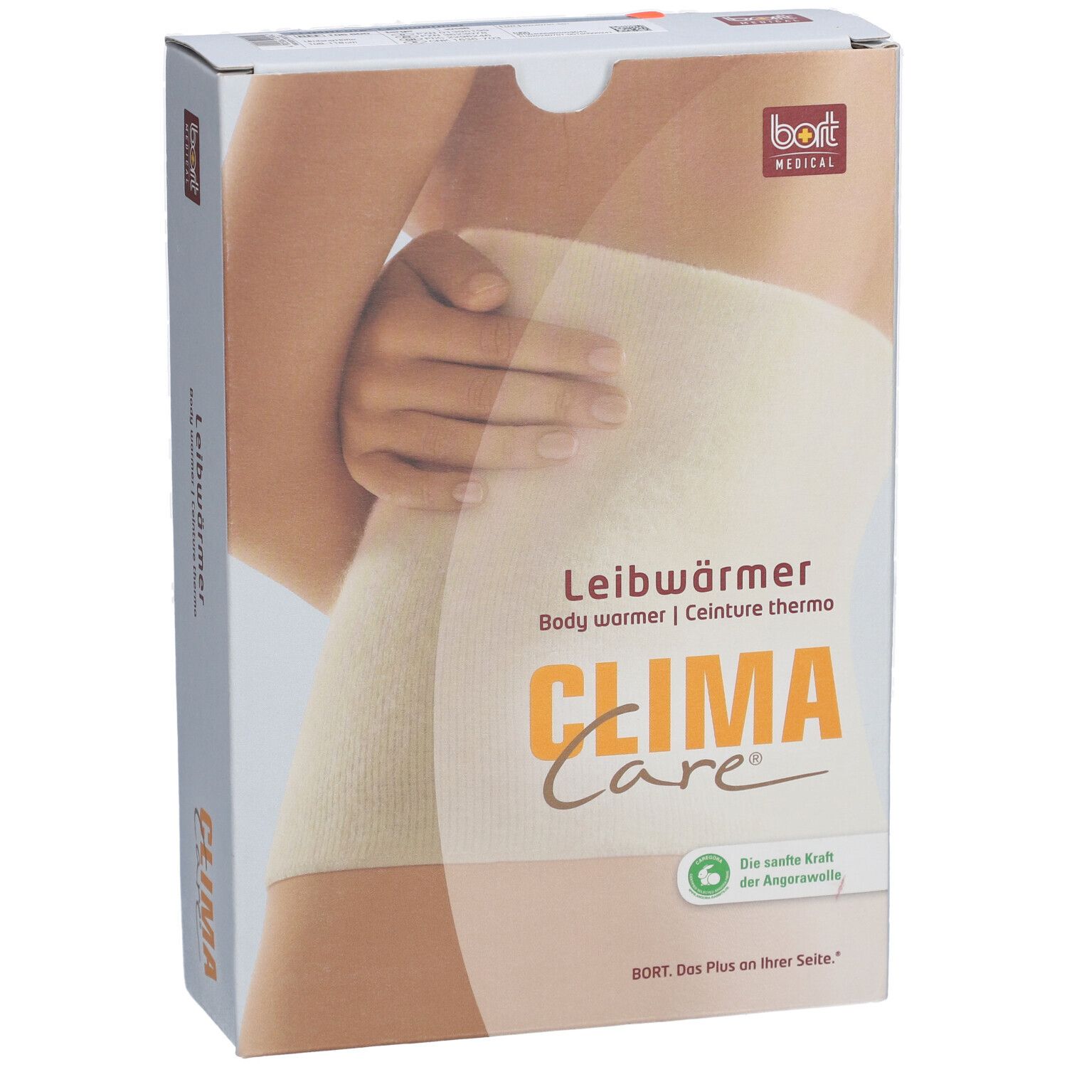 Emballage de Leibwärmer. Inscription: CLIMA Care, BORT MEDICAL. Illustration du produit sur un corps.