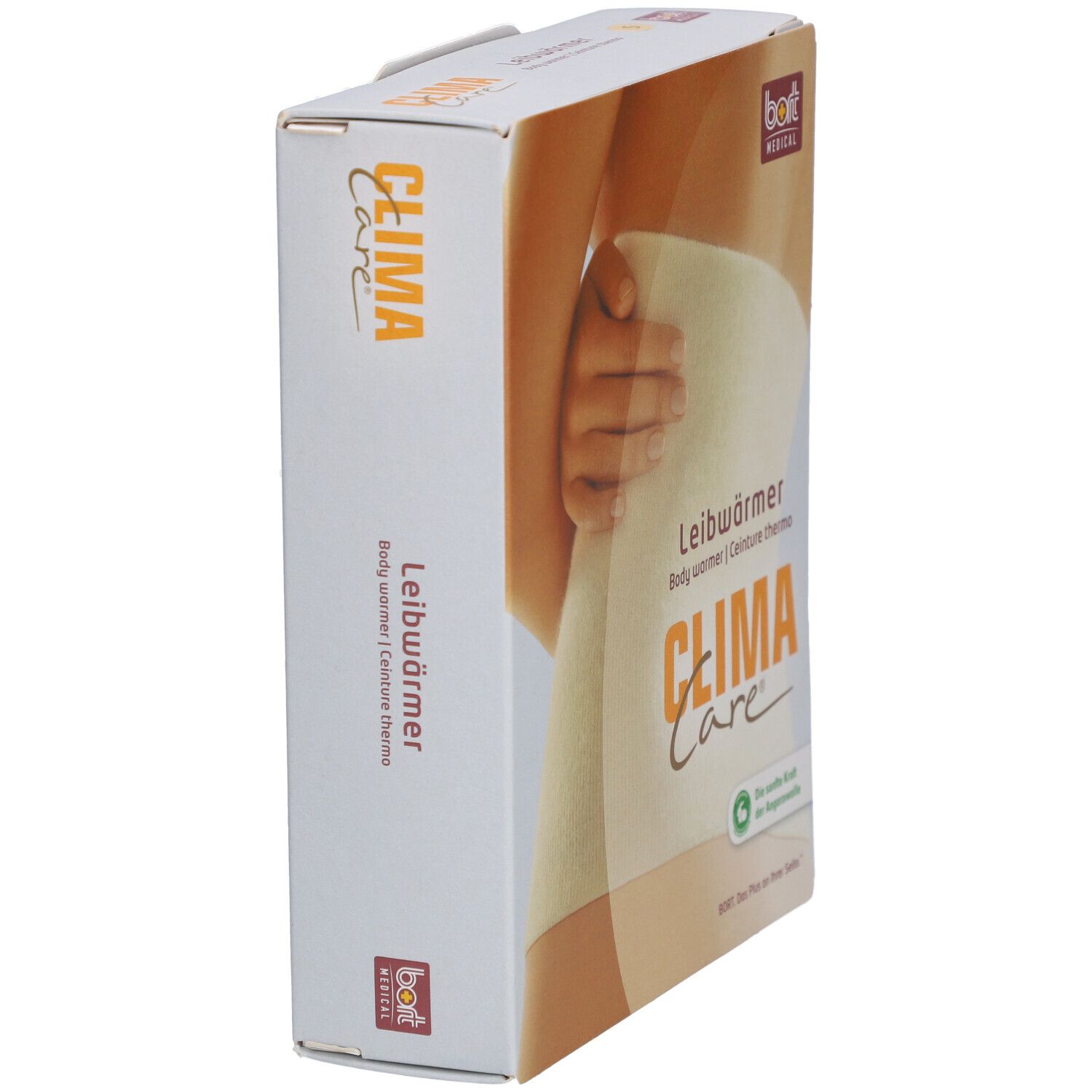 Zijaanzicht van de verpakking. Opschrift: CLIMA Care, Leibwärmer, BORT MEDICAL. Productafbeelding.