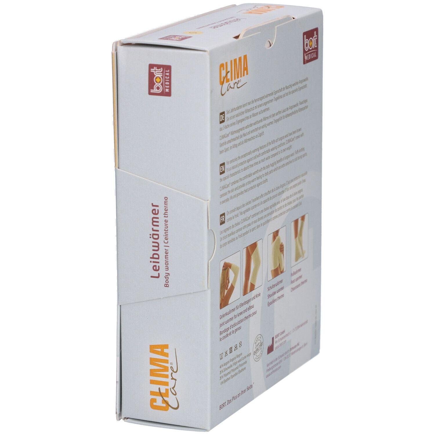 Zijaanzicht van de verpakking. Opschrift: CLIMA Care, Leibwärmer, BORT MEDICAL. Productillustraties.