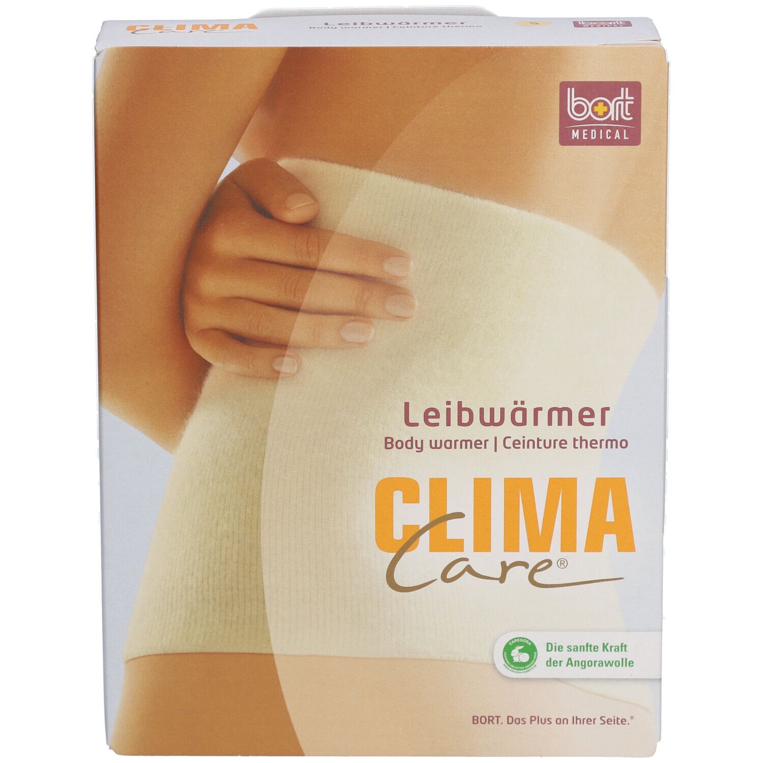 Verpakking met Leibwärmer. Opschrift: CLIMA Care, BORT MEDICAL. Productafbeelding op lichaam.