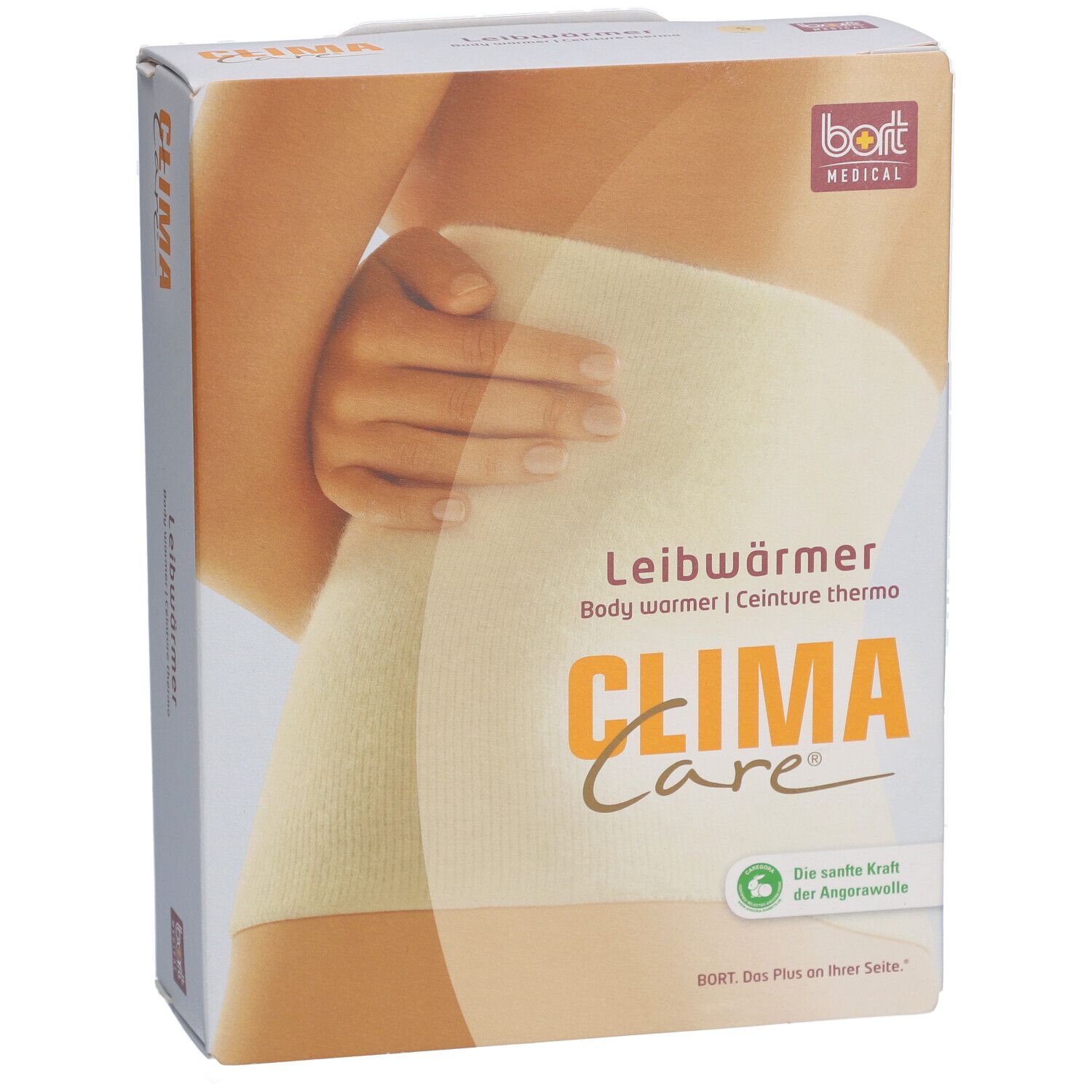 Verpakking met Leibwärmer. Opschrift: CLIMA Care, BORT MEDICAL. Productafbeelding op lichaam.
