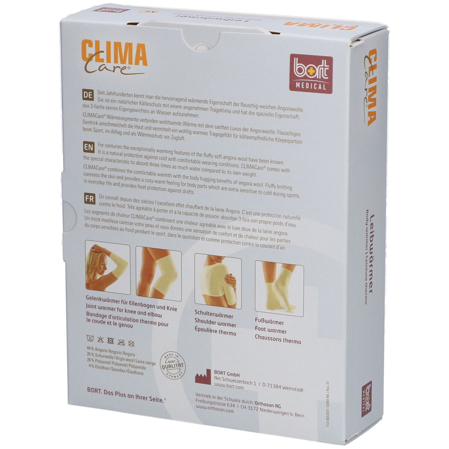 Achterkant van de Bort CLIMACare® verpakking. Productafbeeldingen: knie-, schouder-, voetenwarmer. Tekst in Duits, Engels, Frans.