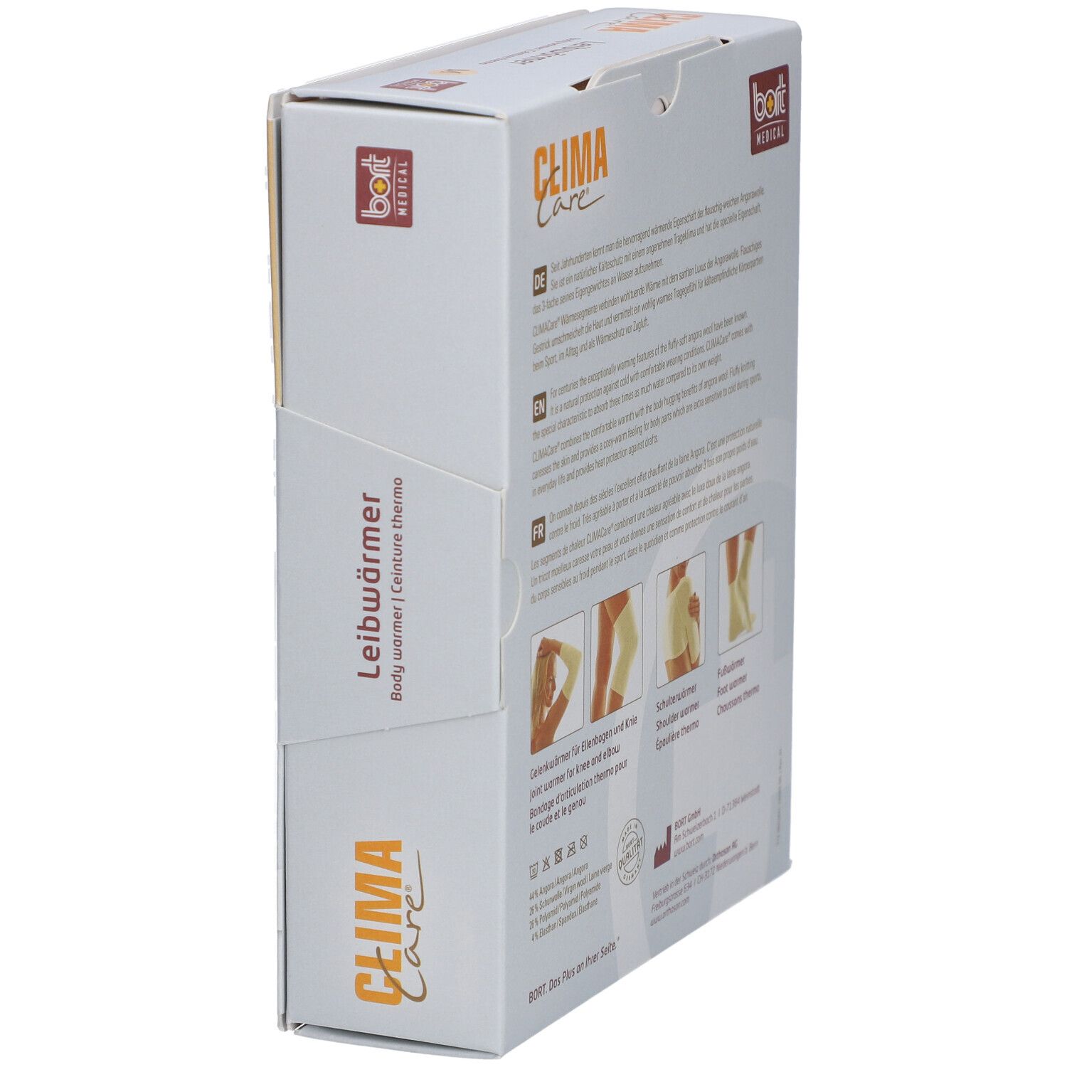 Zijaanzicht van de Bort CLIMACare® verpakking. Productafbeeldingen: knie-, schouder-, voetenwarmer. Opschriften: CLIMA Care, bodywarmer.