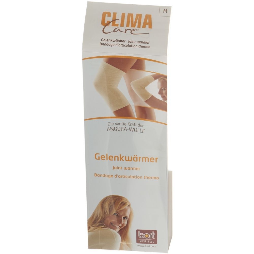 Verpakking met gewrichtsverwarmer. Opschrift: CLIMA Care, Gelenkwärmer, Angora-Wolle. Merk: bort MEDICAL. Maat M.