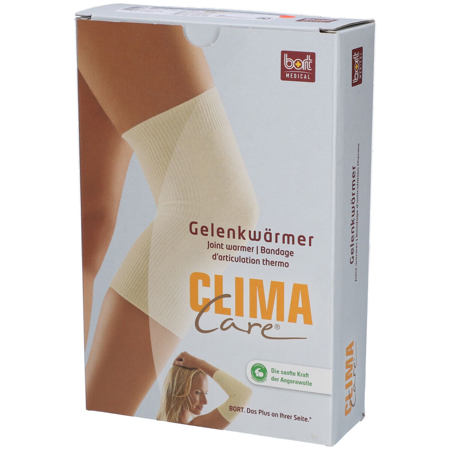Verpakking van Gelenkwärmer. Merk: CLIMACare®, bort MEDICAL. Productafbeelding op been. Tekst: Gelenkwärmer, Bandage d'articulation thermo.