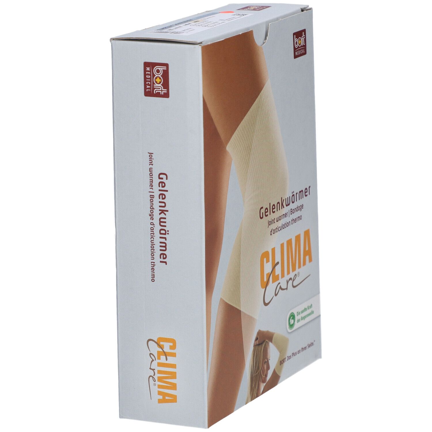 Schuinstaande verpakking van Gelenkwärmer. Merk: CLIMACare®, bort MEDICAL. Tekst: Gelenkwärmer, Bandage d'articulation thermo.