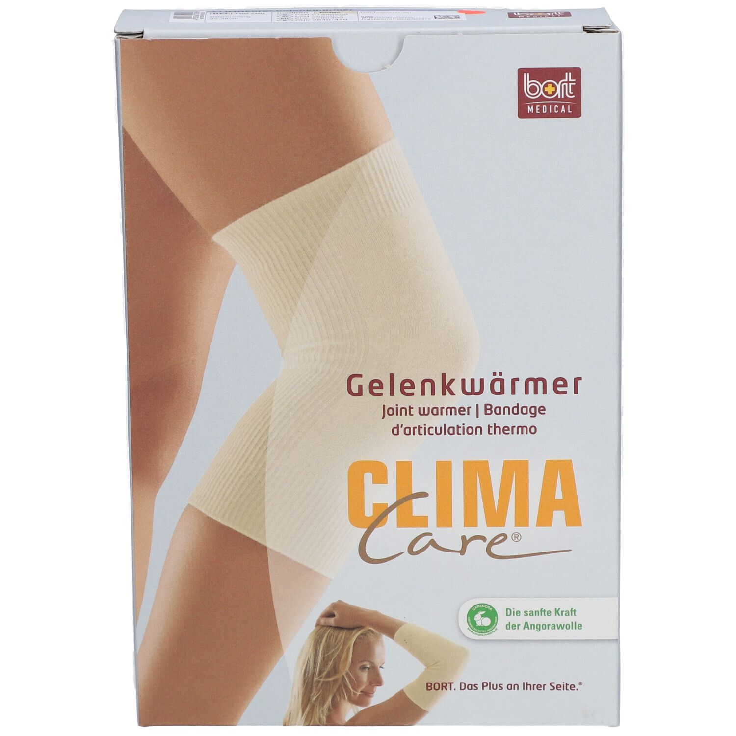 Verpakking van Gelenkwärmer. Merk: CLIMACare®, bort MEDICAL. Productafbeelding op been. Tekst: Gelenkwärmer, Bandage d'articulation thermo.
