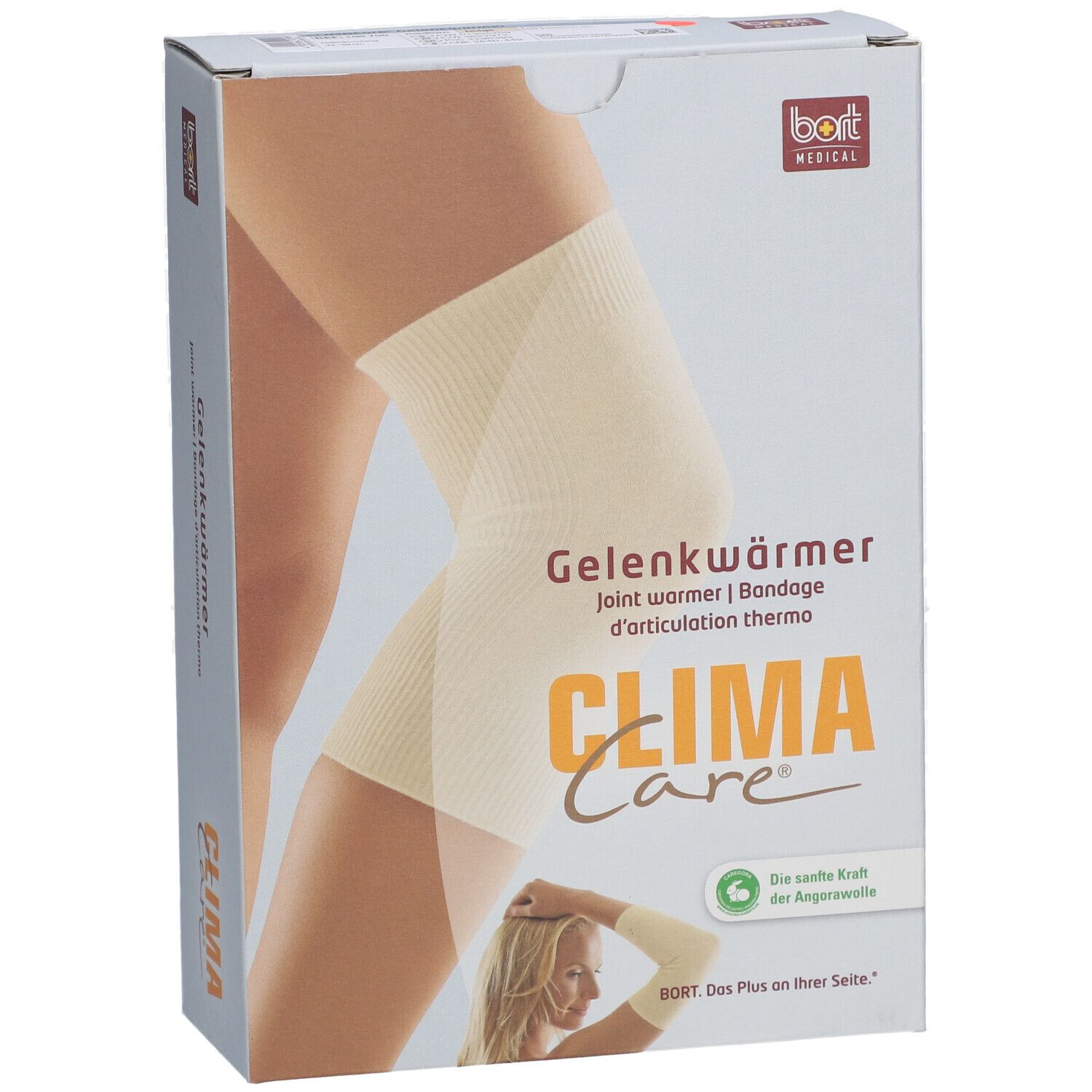 Verpakking van Gelenkwärmer. Merk: CLIMACare®, bort MEDICAL. Productafbeelding op been. Tekst: Gelenkwärmer, Bandage d'articulation thermo.