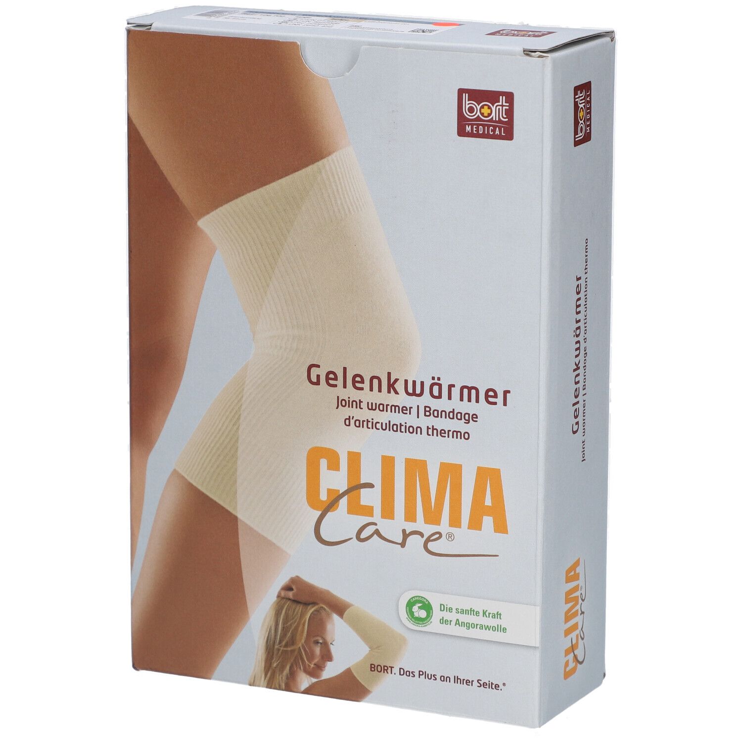 Verpakking met Gelenkwärmer. Opschrift: Gelenkwärmer, CLIMA Care, BORT MEDICAL. Afbeelding: been met bandage.