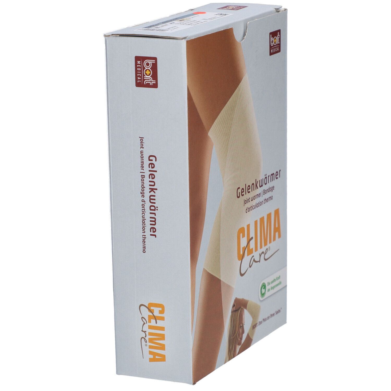 Zijaanzicht van de verpakking met Gelenkwärmer. Opschrift: Gelenkwärmer, CLIMA Care, BORT MEDICAL. Afbeelding: been met bandage.