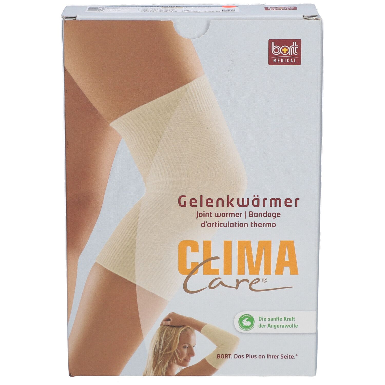 Verpakking met Gelenkwärmer. Opschrift: Gelenkwärmer, CLIMA Care, BORT MEDICAL. Afbeelding: been met bandage.