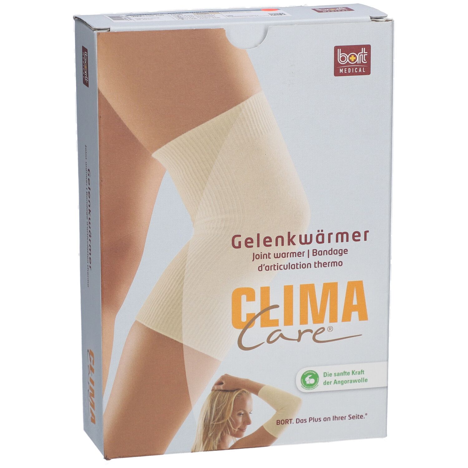 Verpakking met Gelenkwärmer. Opschrift: Gelenkwärmer, CLIMA Care, BORT MEDICAL. Afbeelding: been met bandage.